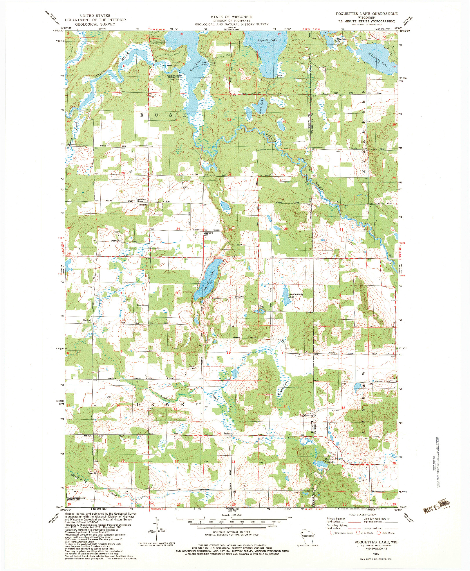 USGS 1:24000-SCALE QUADRANGLE FOR POQUETTES LAKE, WI 1982
