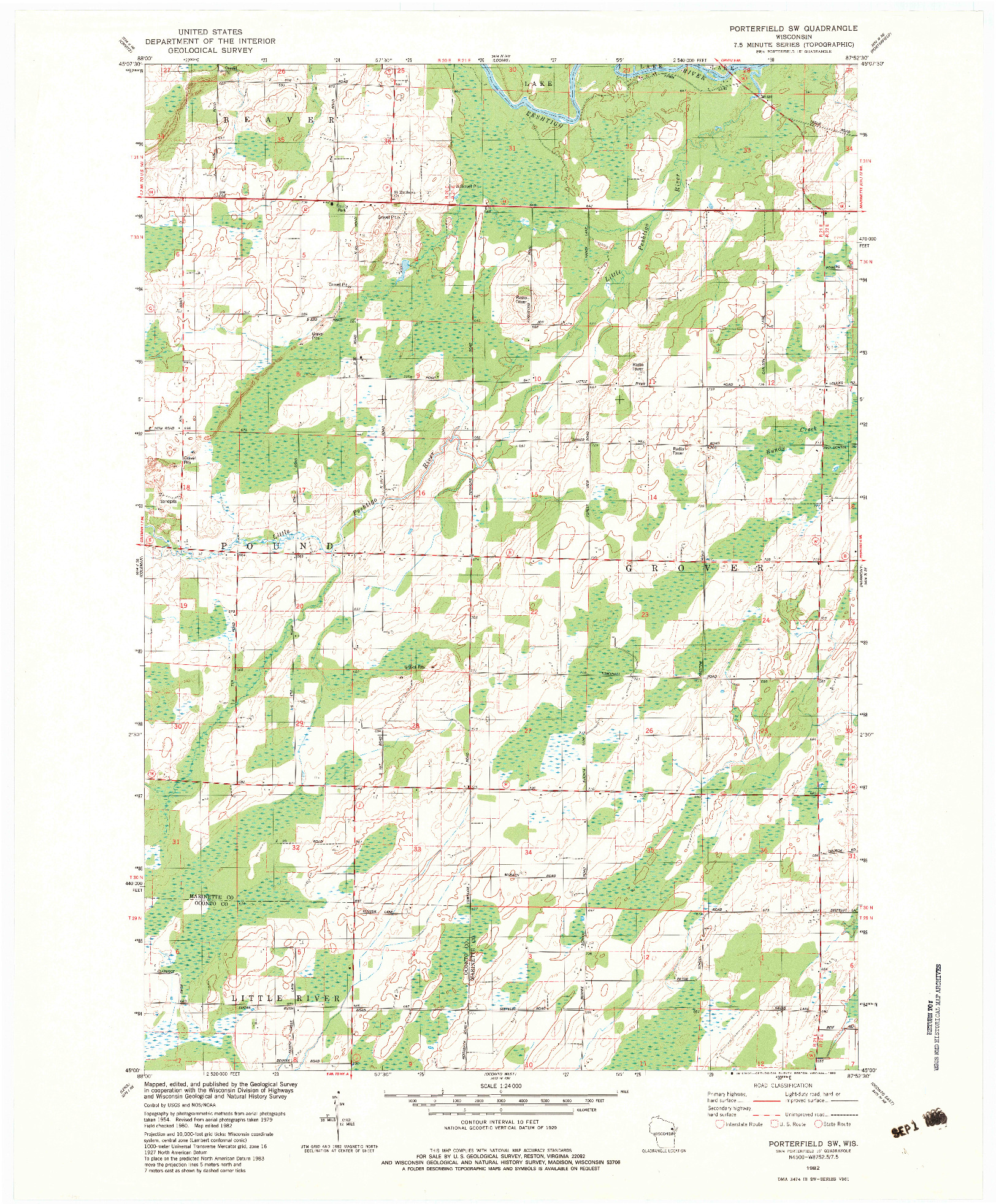 USGS 1:24000-SCALE QUADRANGLE FOR PORTERFIELD SW, WI 1982