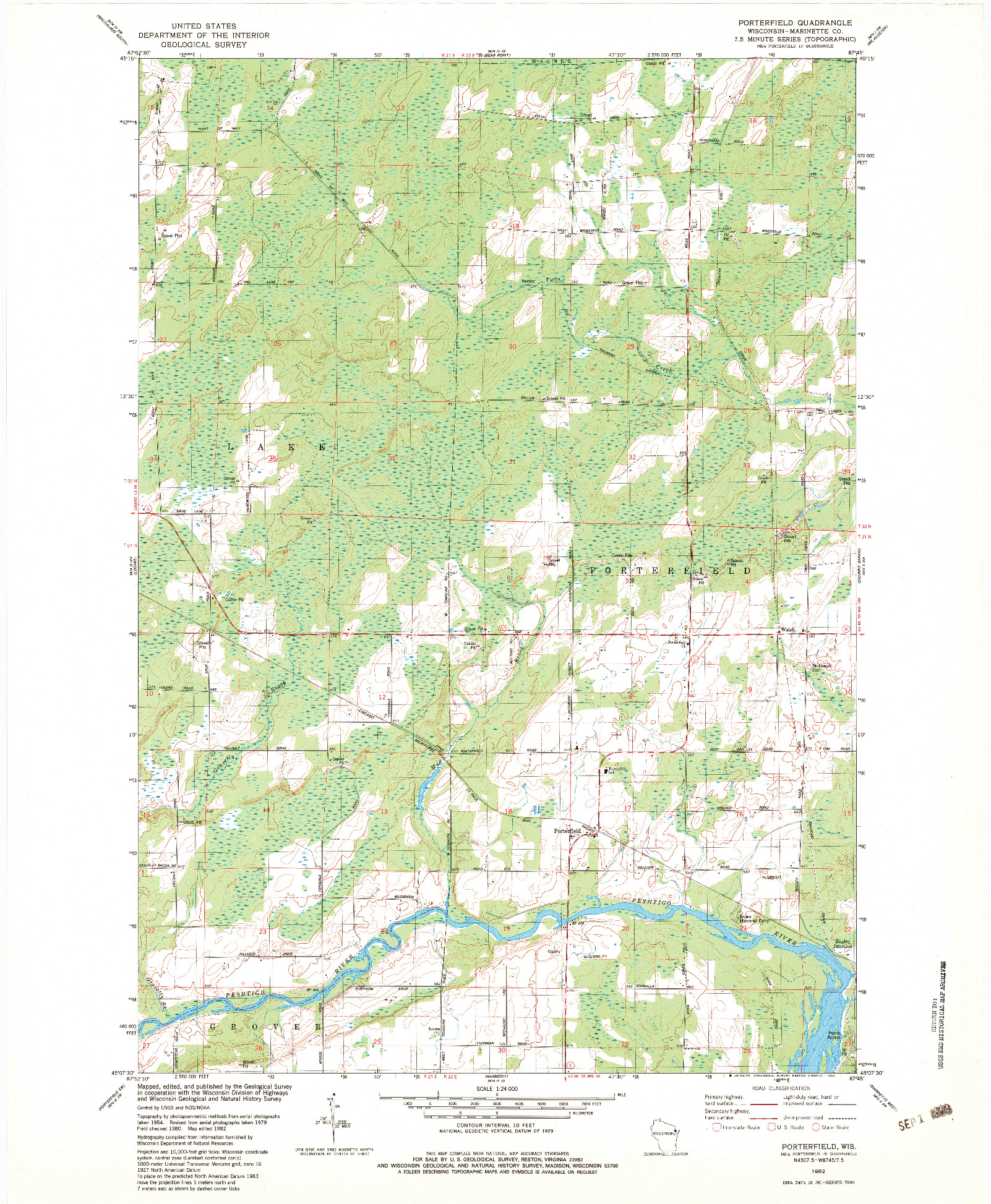 USGS 1:24000-SCALE QUADRANGLE FOR PORTERFIELD, WI 1982