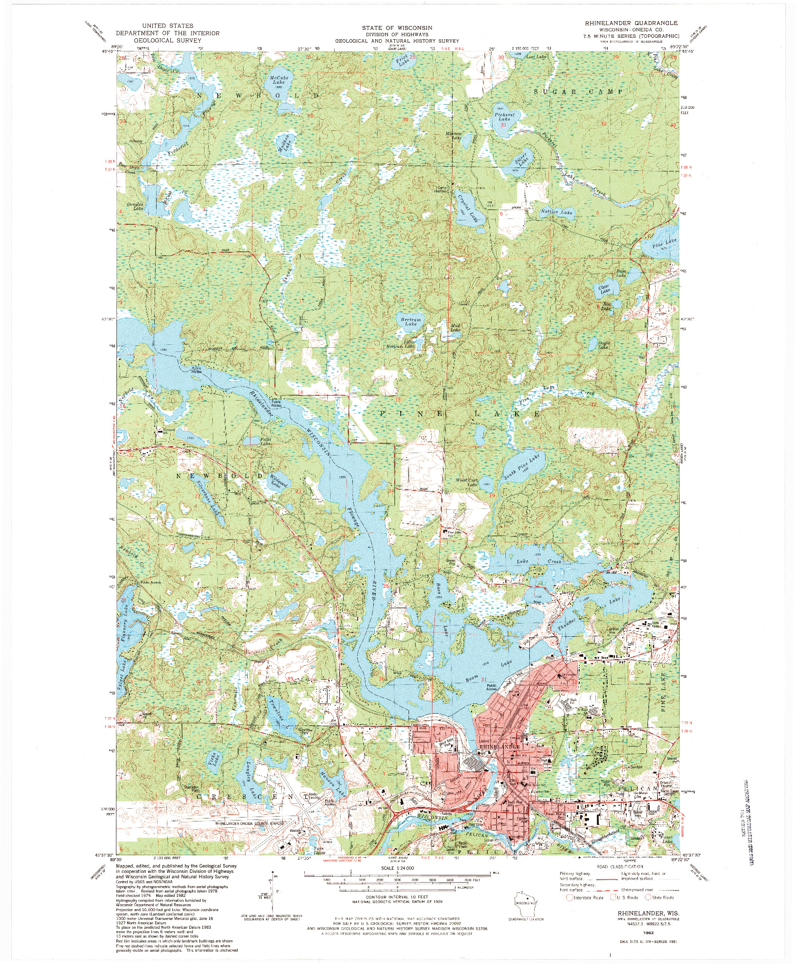 USGS 1:24000-SCALE QUADRANGLE FOR RHINELANDER, WI 1982