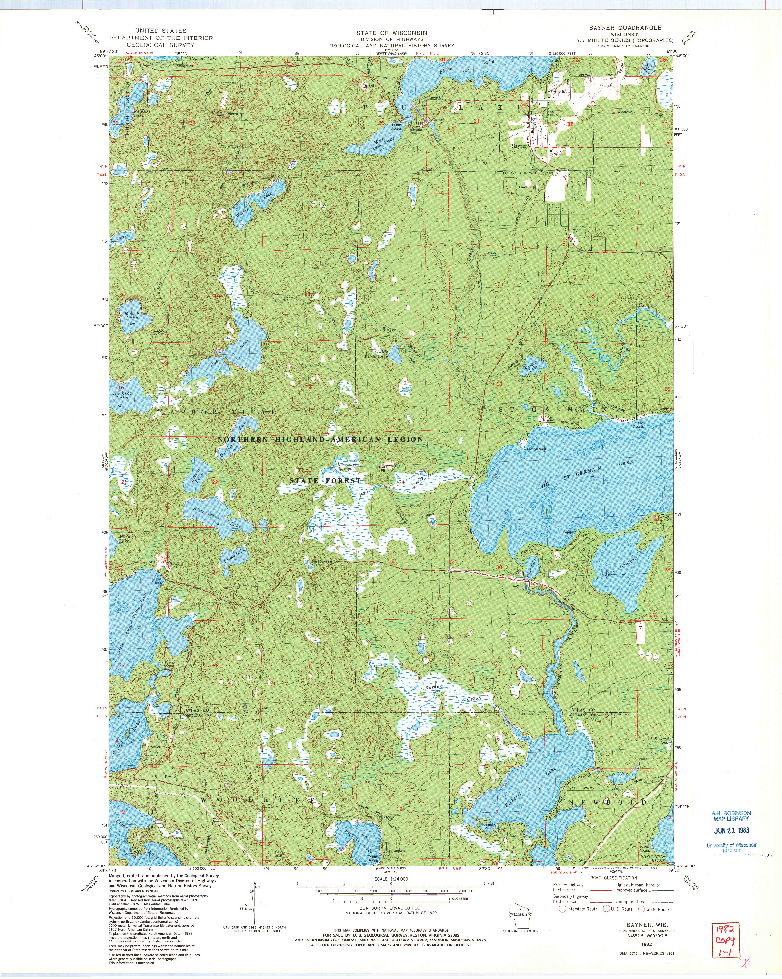 USGS 1:24000-SCALE QUADRANGLE FOR SAYNER, WI 1982