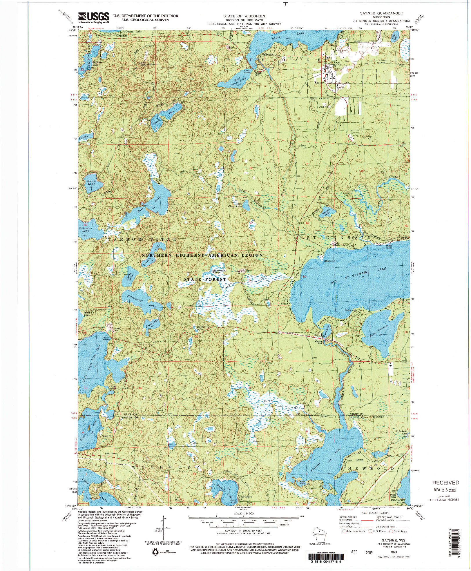 USGS 1:24000-SCALE QUADRANGLE FOR SAYNER, WI 1982