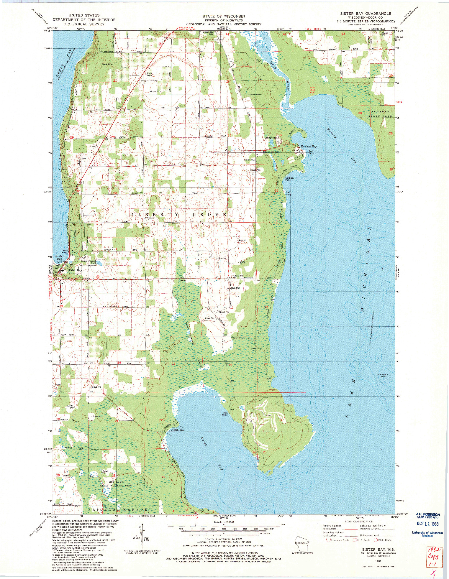 USGS 1:24000-SCALE QUADRANGLE FOR SISTER BAY, WI 1982
