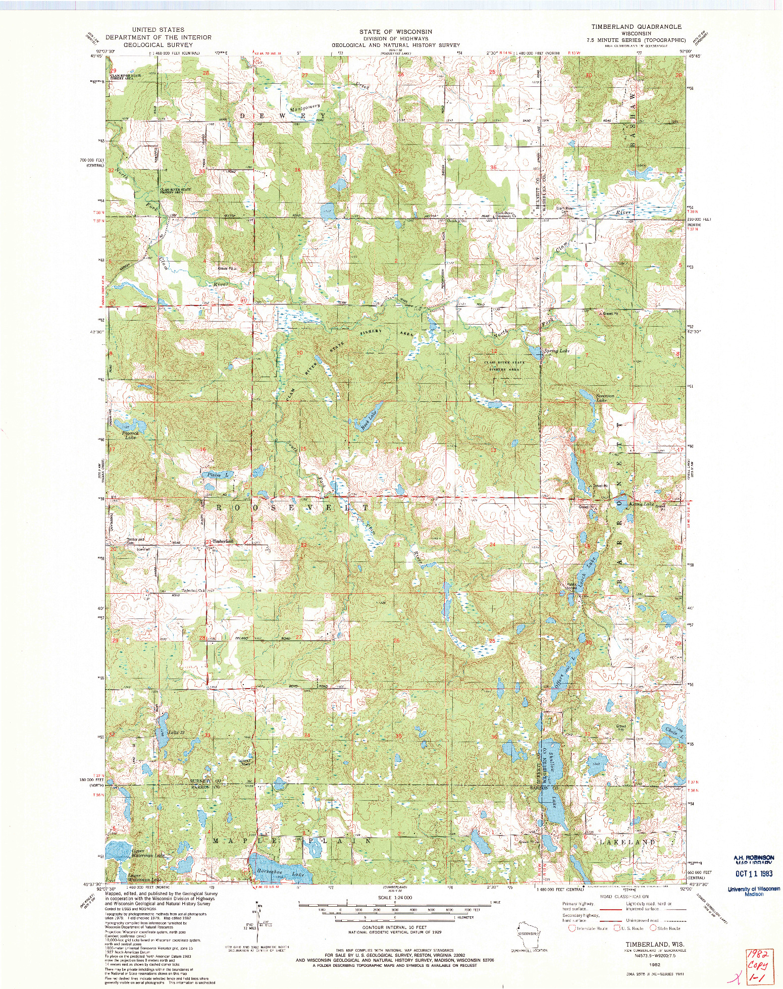 USGS 1:24000-SCALE QUADRANGLE FOR TIMBERLAND, WI 1982