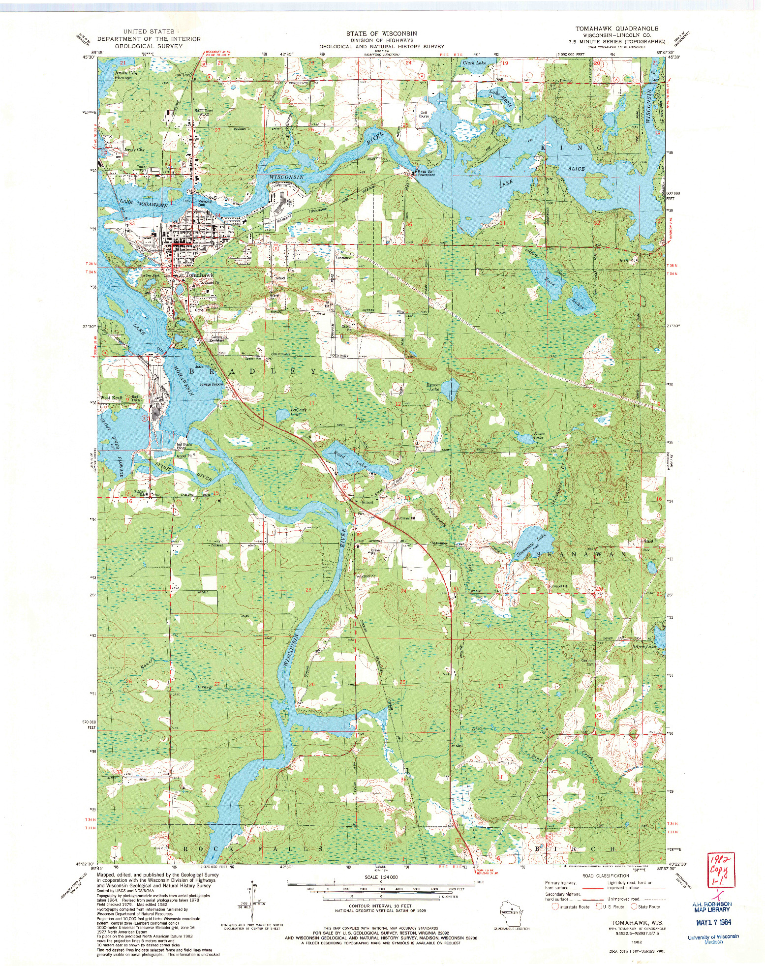 USGS 1:24000-SCALE QUADRANGLE FOR TOMAHAWK, WI 1982