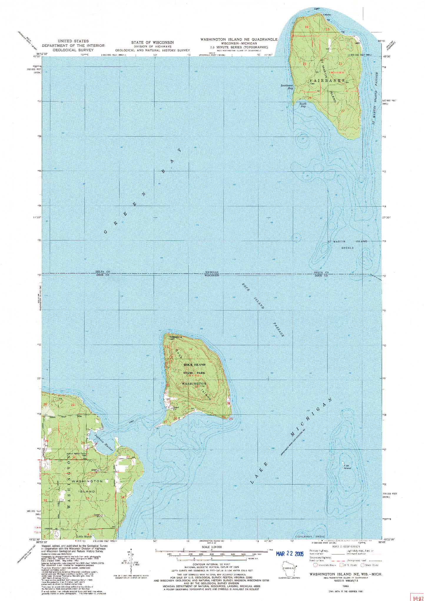 USGS 1:24000-SCALE QUADRANGLE FOR WASHINGTON ISLAND NE, WI 1982