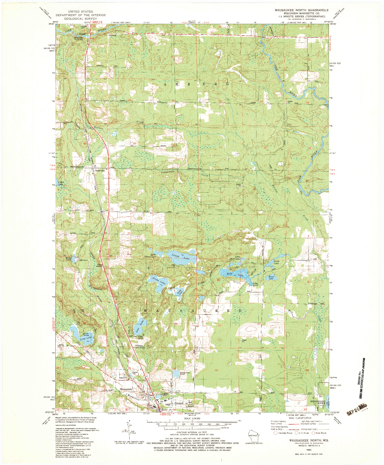 USGS 1:24000-SCALE QUADRANGLE FOR WAUSAUKEE NORTH, WI 1982