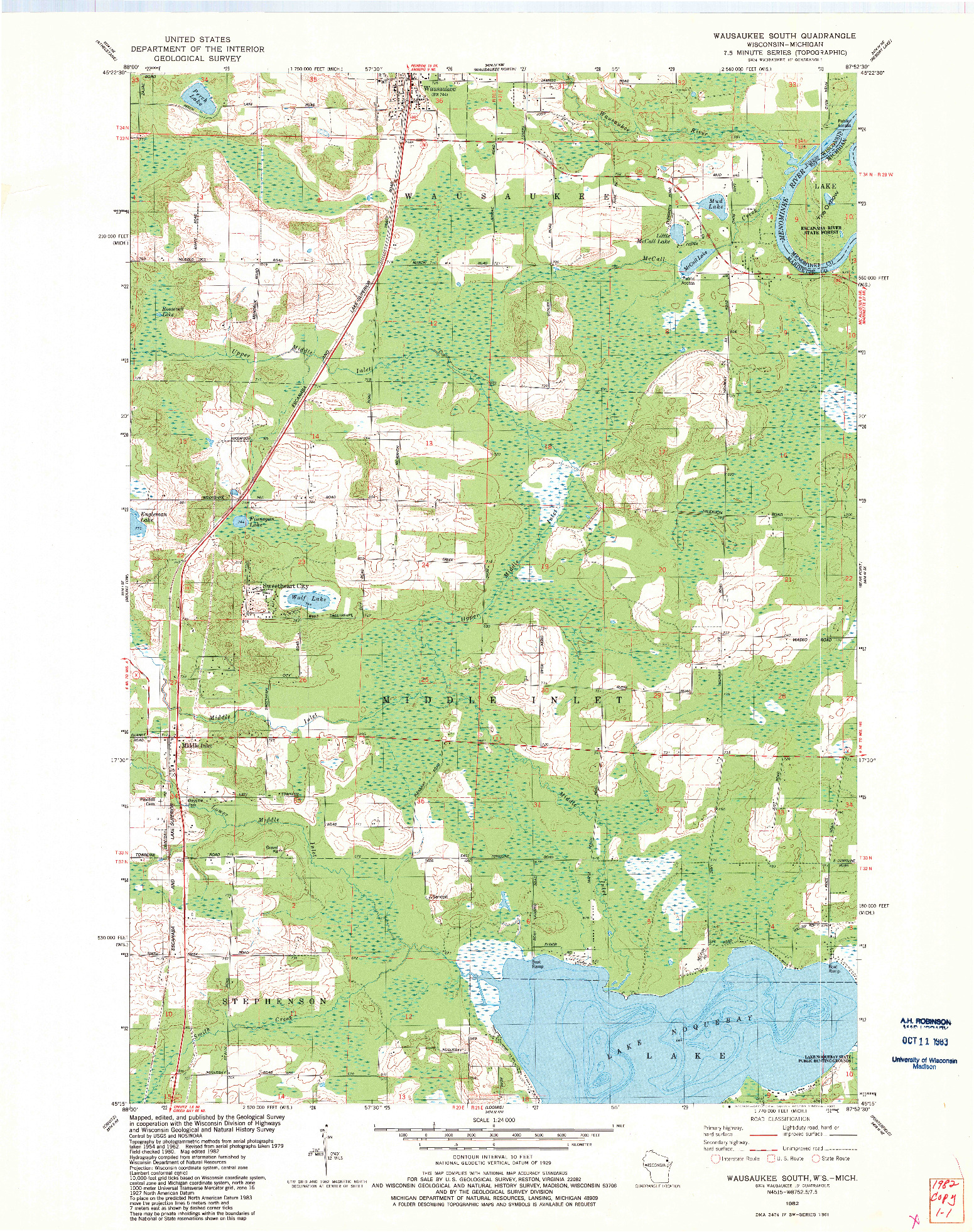 USGS 1:24000-SCALE QUADRANGLE FOR WAUSAUKEE SOUTH, WI 1982
