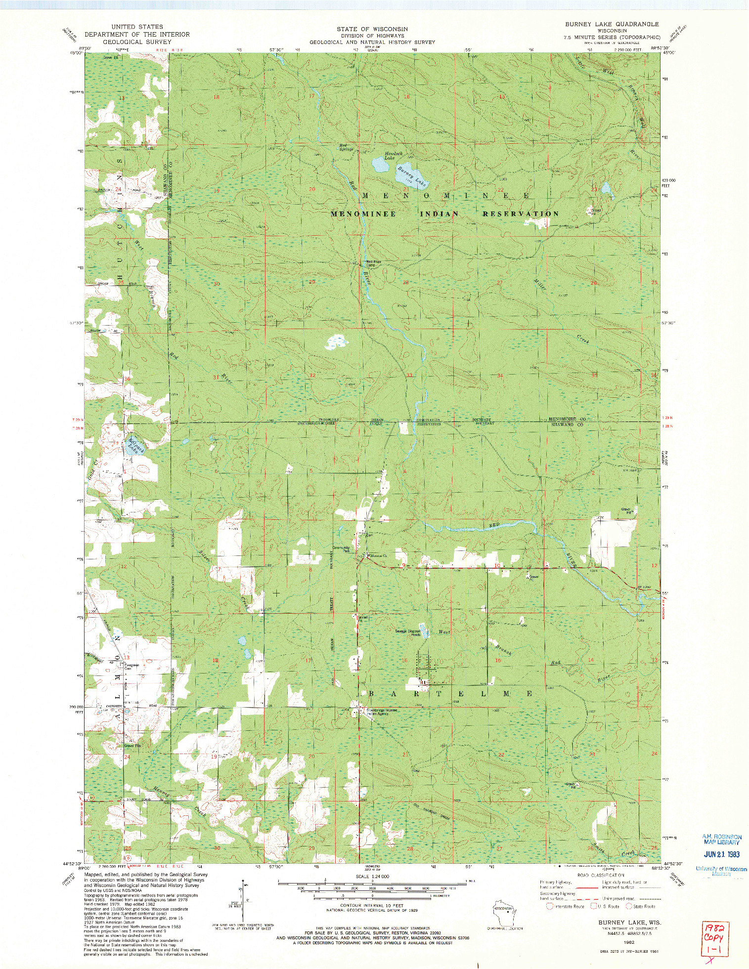 USGS 1:24000-SCALE QUADRANGLE FOR BURNEY LAKE, WI 1982