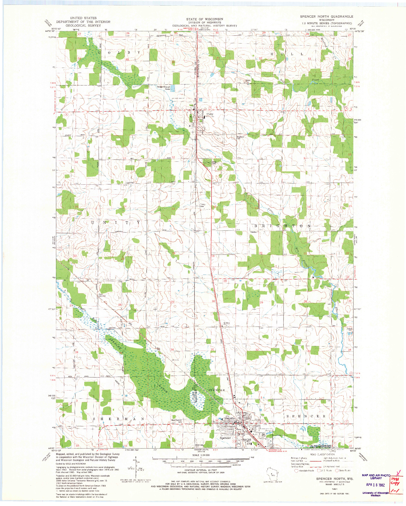 USGS 1:24000-SCALE QUADRANGLE FOR SPENCER NORTH, WI 1981