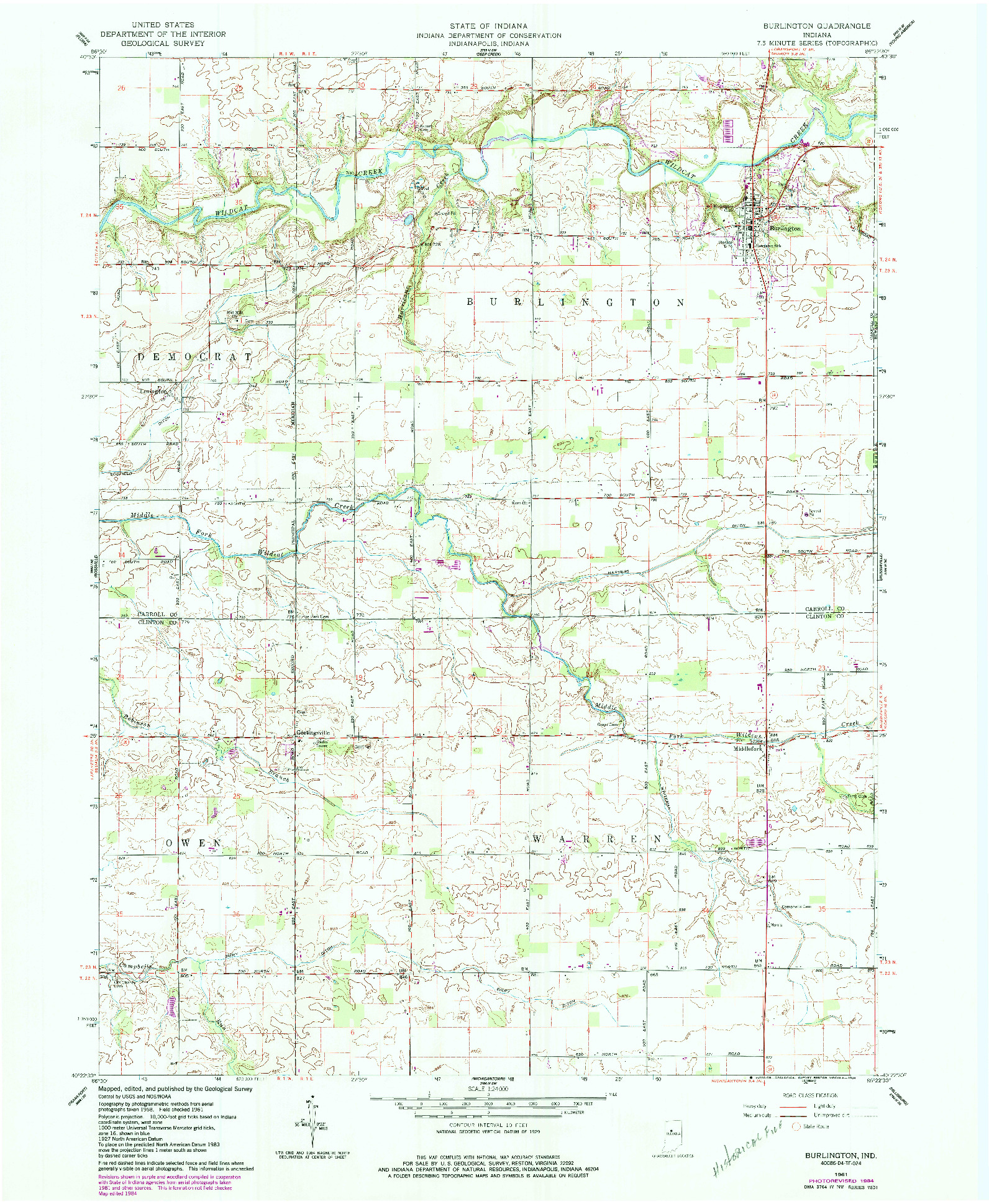 USGS 1:24000-SCALE QUADRANGLE FOR BURLINGTON, IN 1961