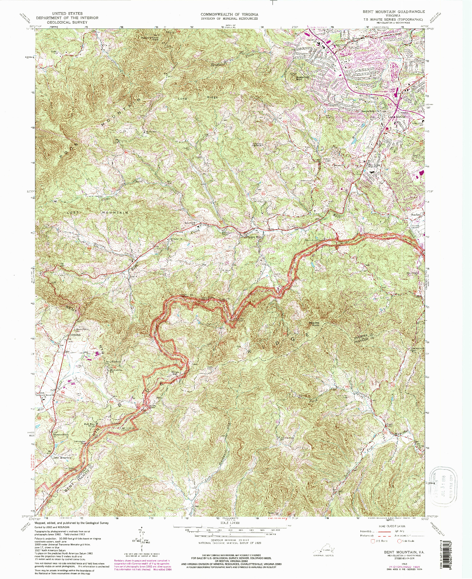 USGS 1:24000-SCALE QUADRANGLE FOR BENT MOUNTAIN, VA 1963