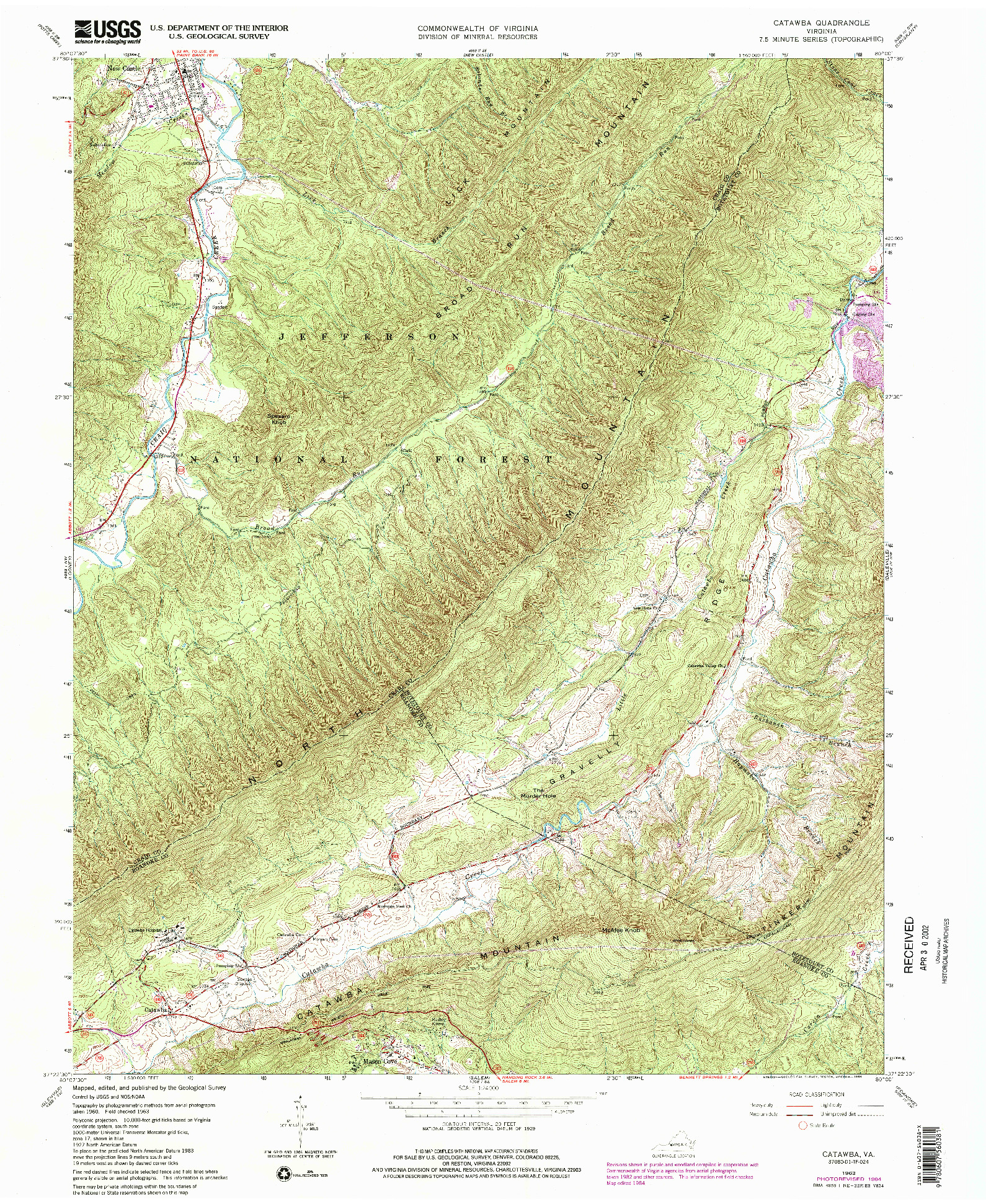 USGS 1:24000-SCALE QUADRANGLE FOR CATAWBA, VA 1963