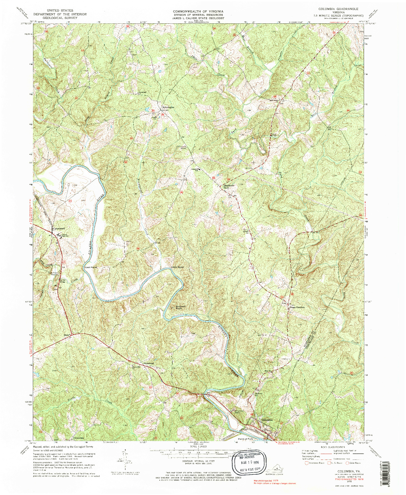 USGS 1:24000-SCALE QUADRANGLE FOR COLUMBIA, VA 1970