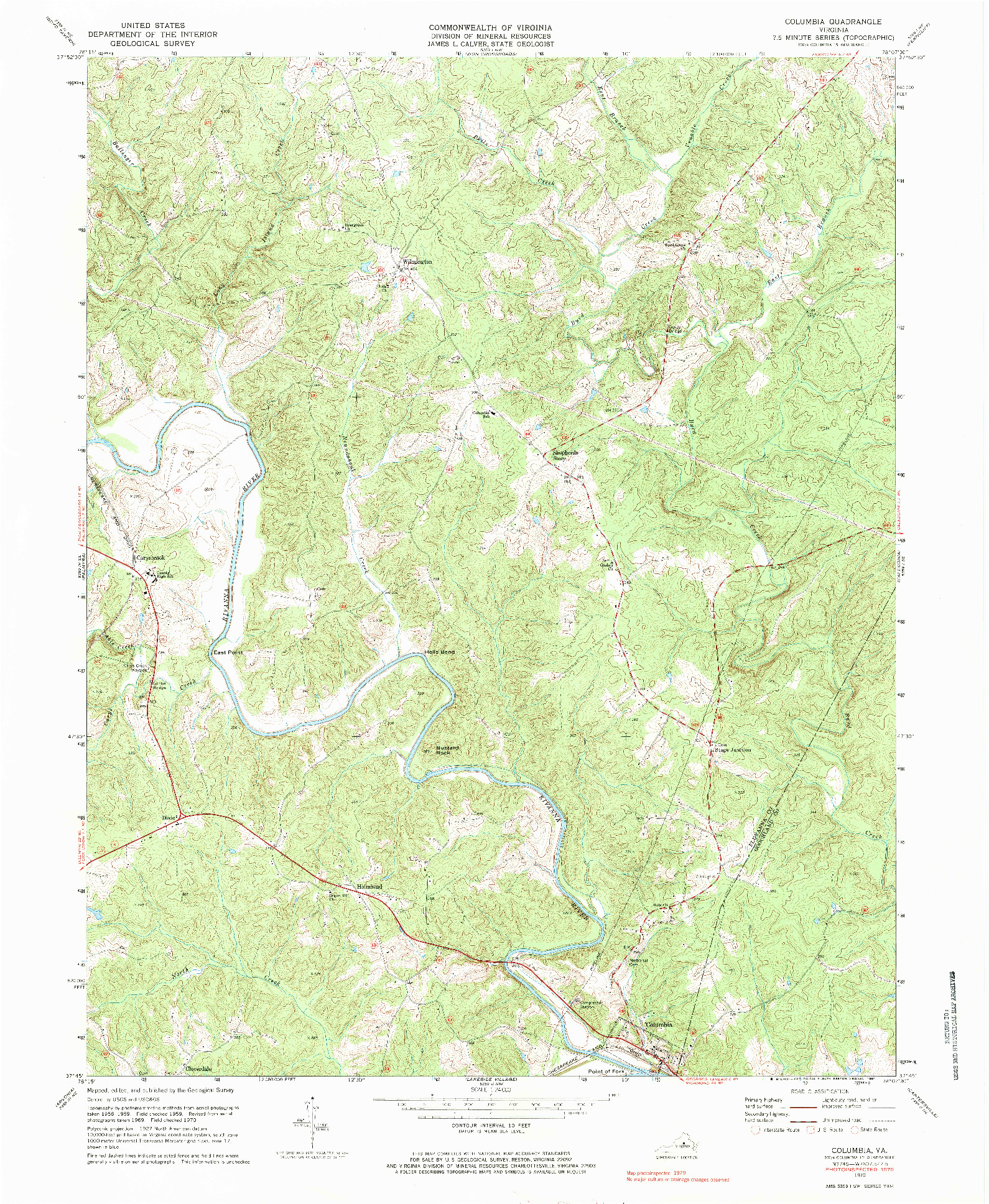 USGS 1:24000-SCALE QUADRANGLE FOR COLUMBIA, VA 1970