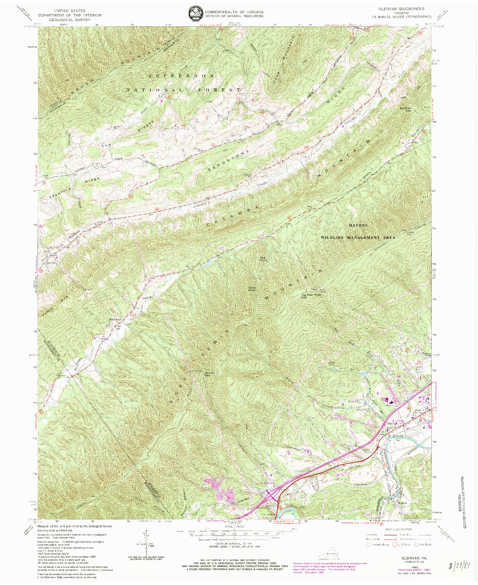 USGS 1:24000-SCALE QUADRANGLE FOR GLENVAR, VA 1963