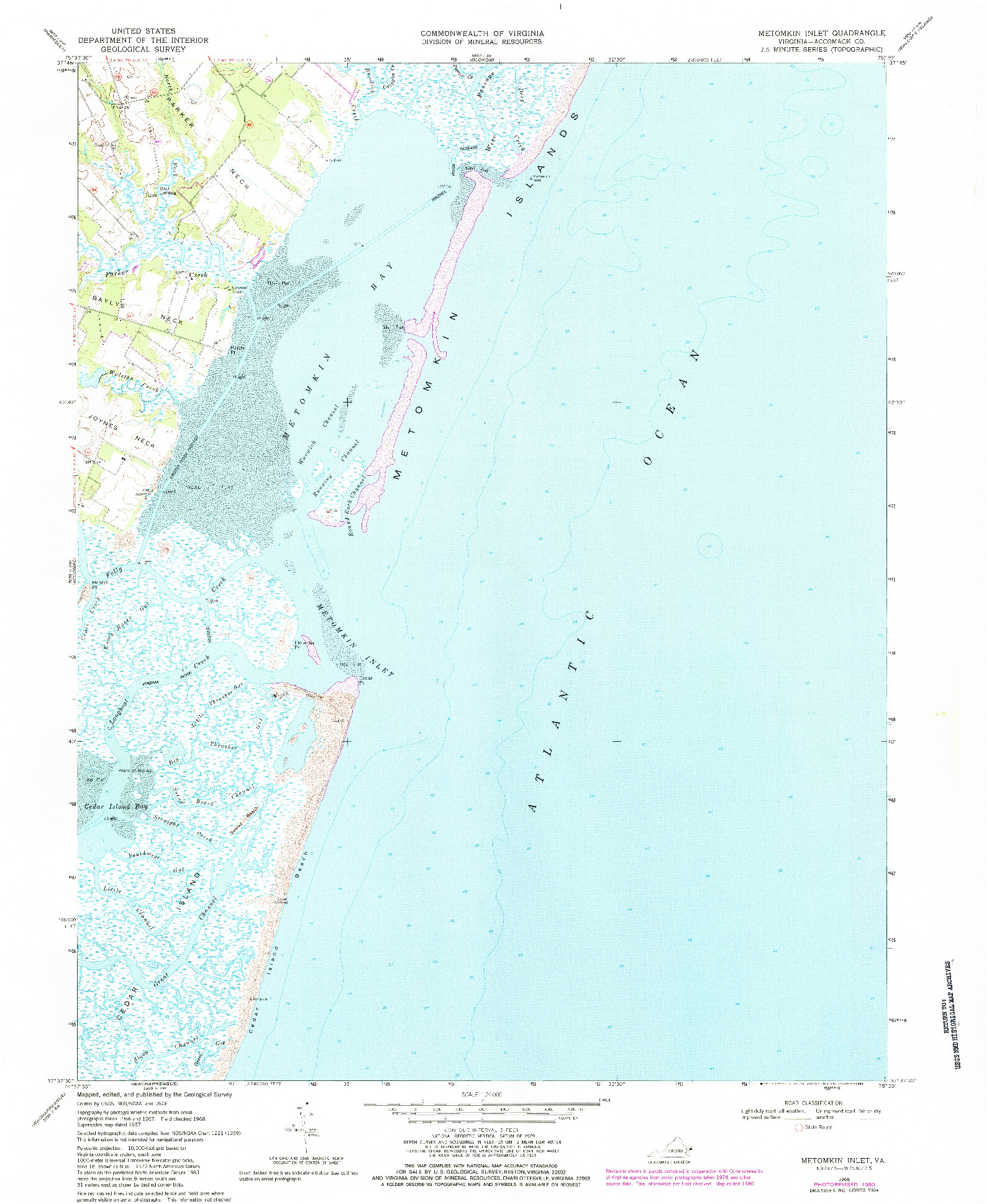 USGS 1:24000-SCALE QUADRANGLE FOR METOMKIN INLET, VA 1968