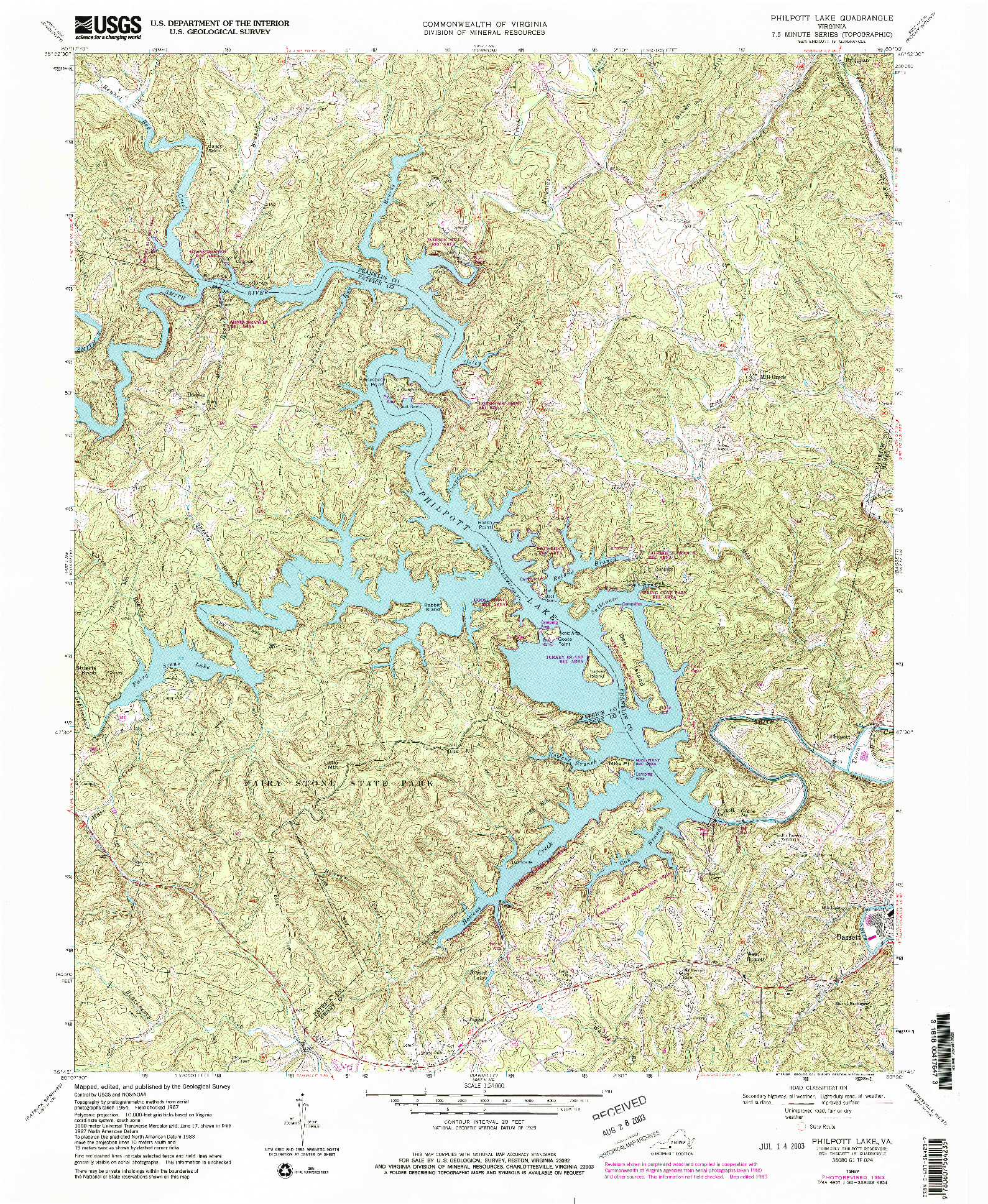 USGS 1:24000-SCALE QUADRANGLE FOR PHILPOTT LAKE, VA 1967