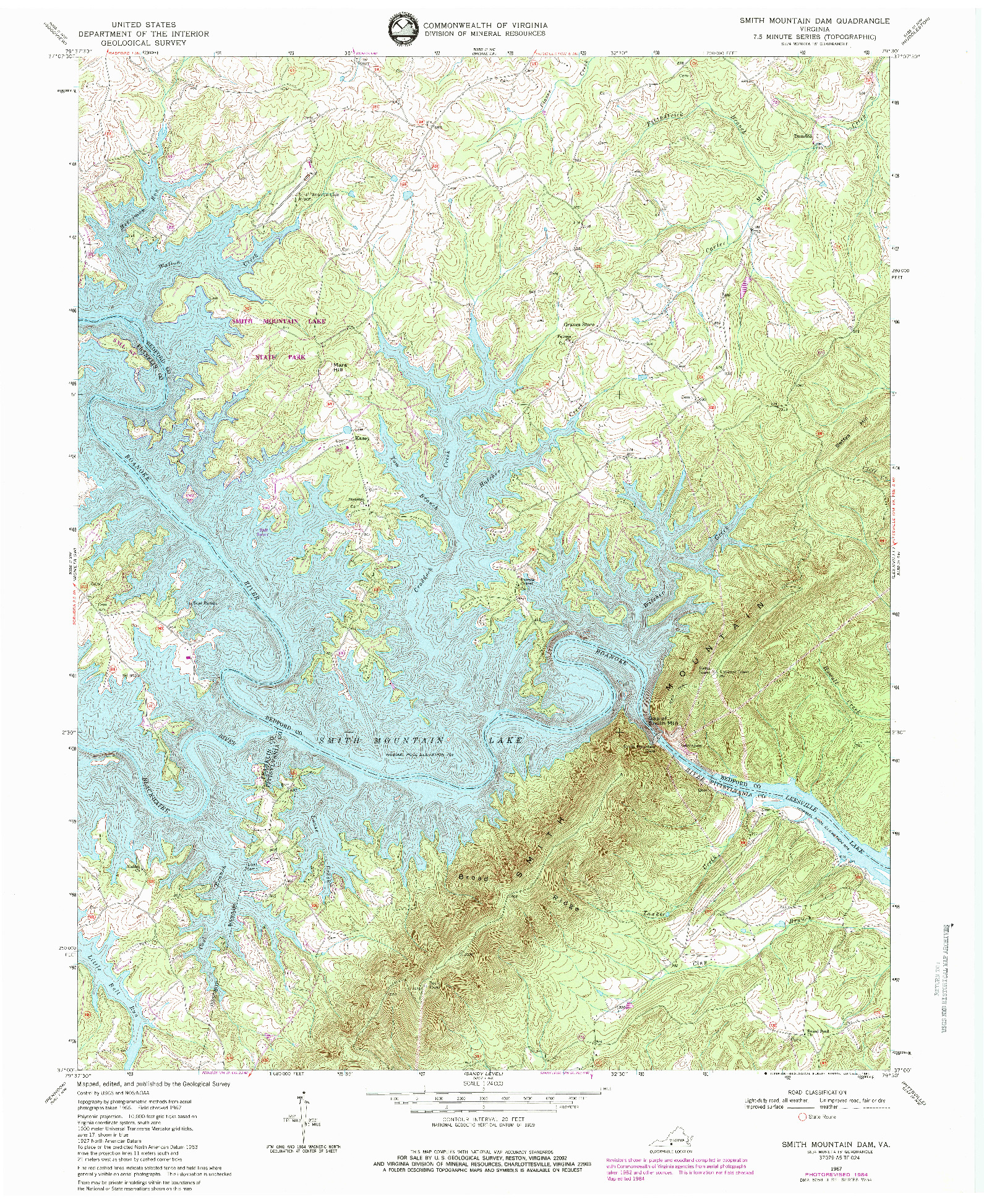 USGS 1:24000-SCALE QUADRANGLE FOR SMITH MOUNTAIN DAM, VA 1967