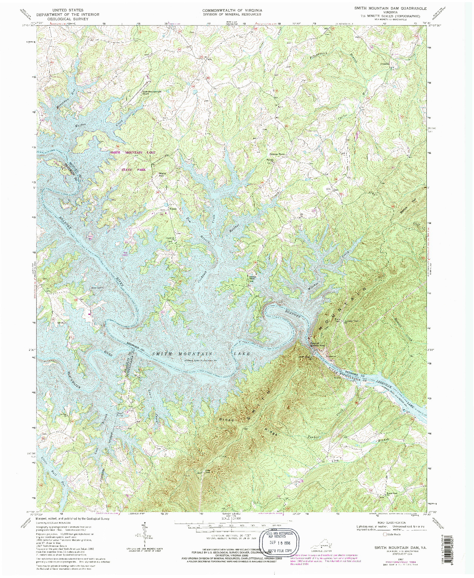 USGS 1:24000-SCALE QUADRANGLE FOR SMITH MOUNTAIN DAM, VA 1967