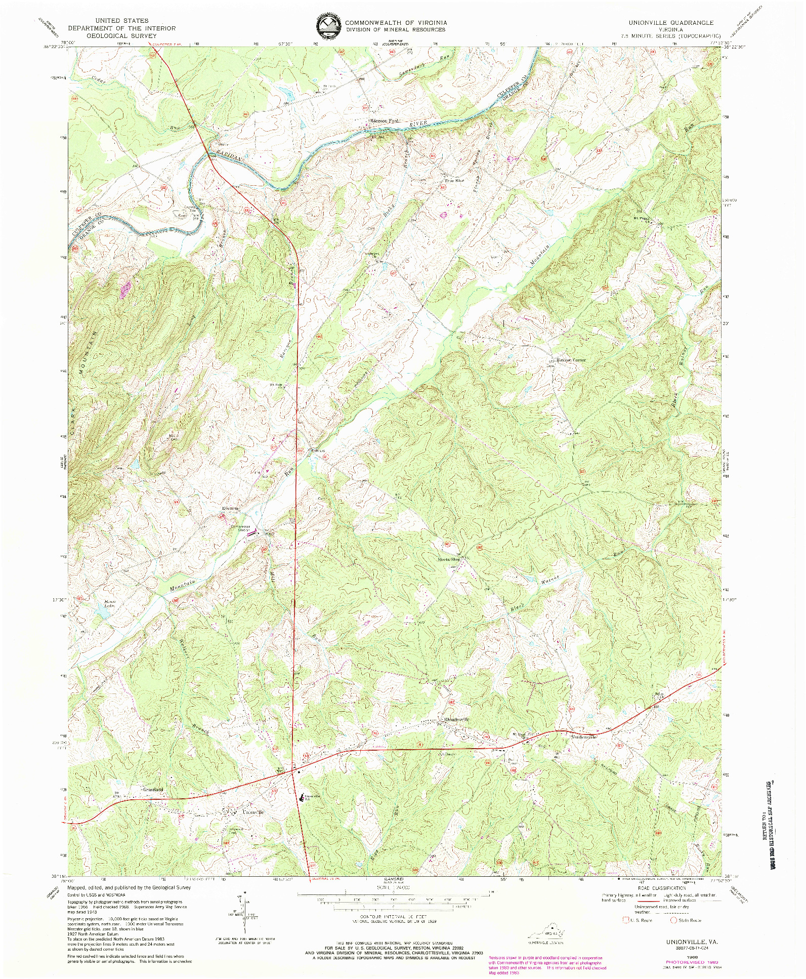 USGS 1:24000-SCALE QUADRANGLE FOR UNIONVILLE, VA 1968