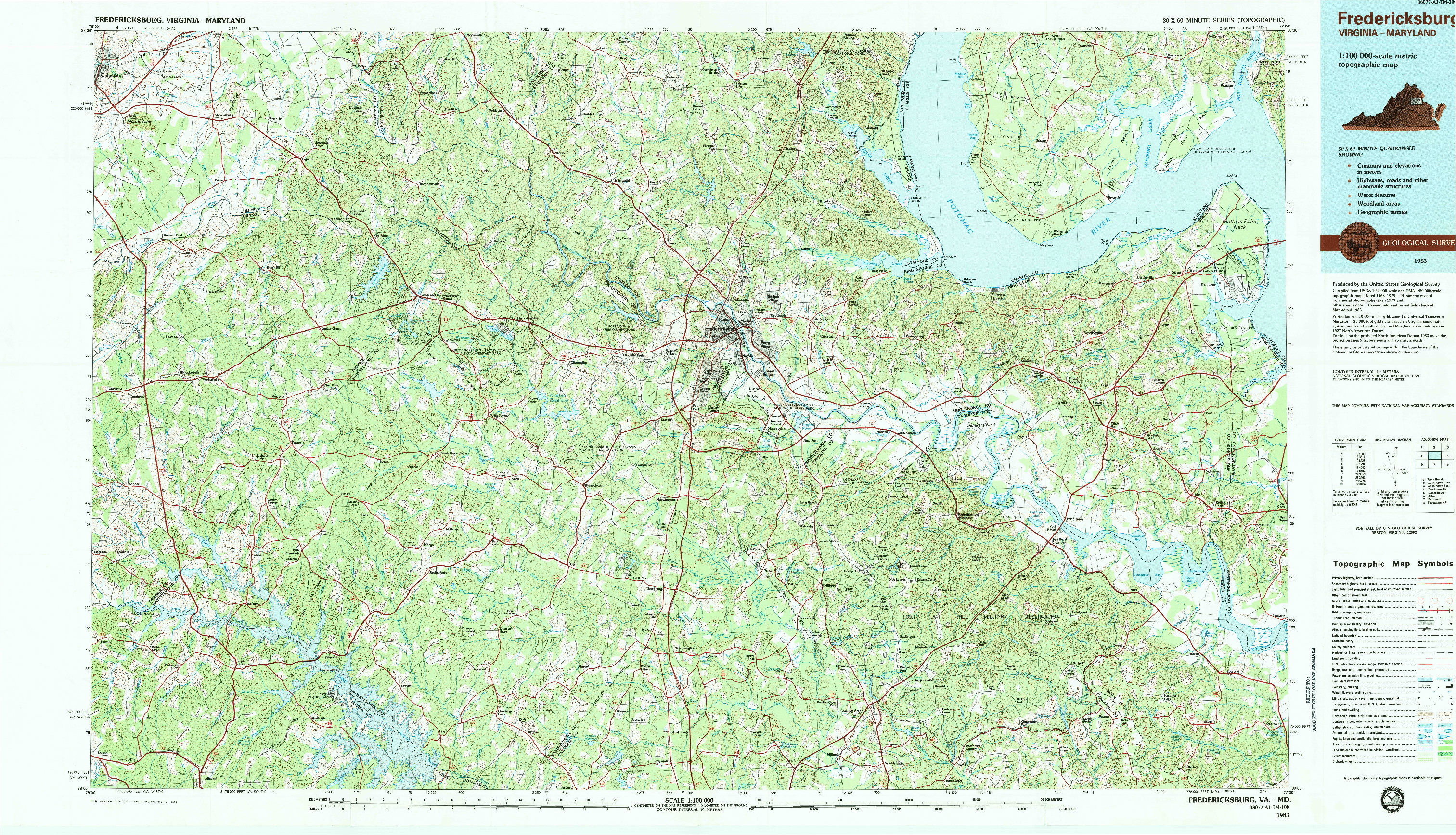 USGS 1:100000-SCALE QUADRANGLE FOR FREDERICKSBURG, VA 1983