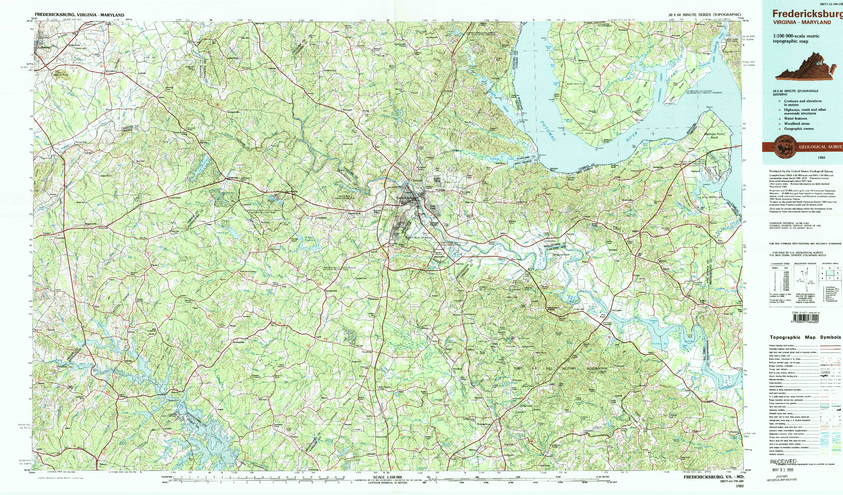 USGS 1:100000-SCALE QUADRANGLE FOR FREDERICKSBURG, VA 1983