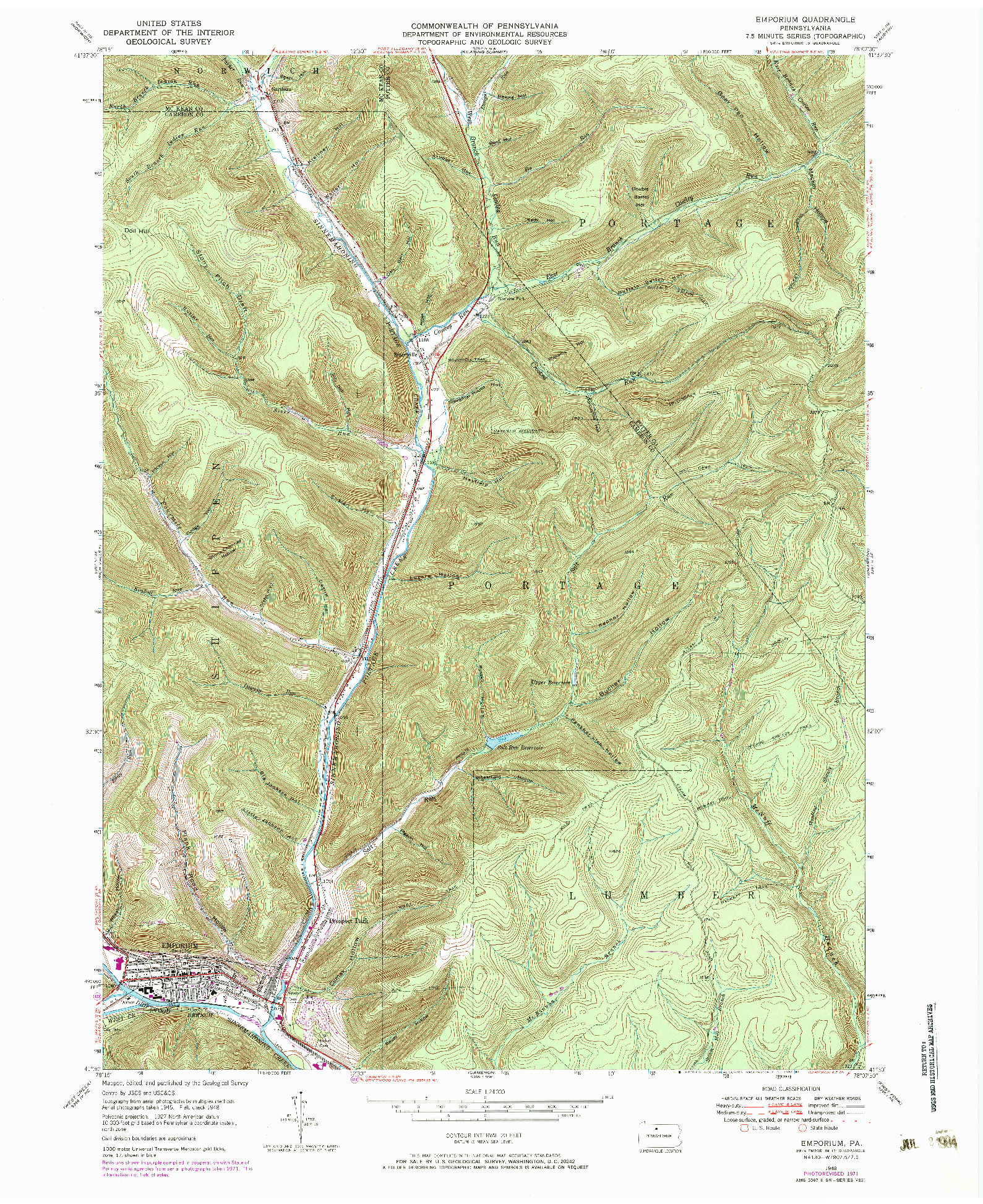 USGS 1:24000-SCALE QUADRANGLE FOR EMPORIUM, PA 1948