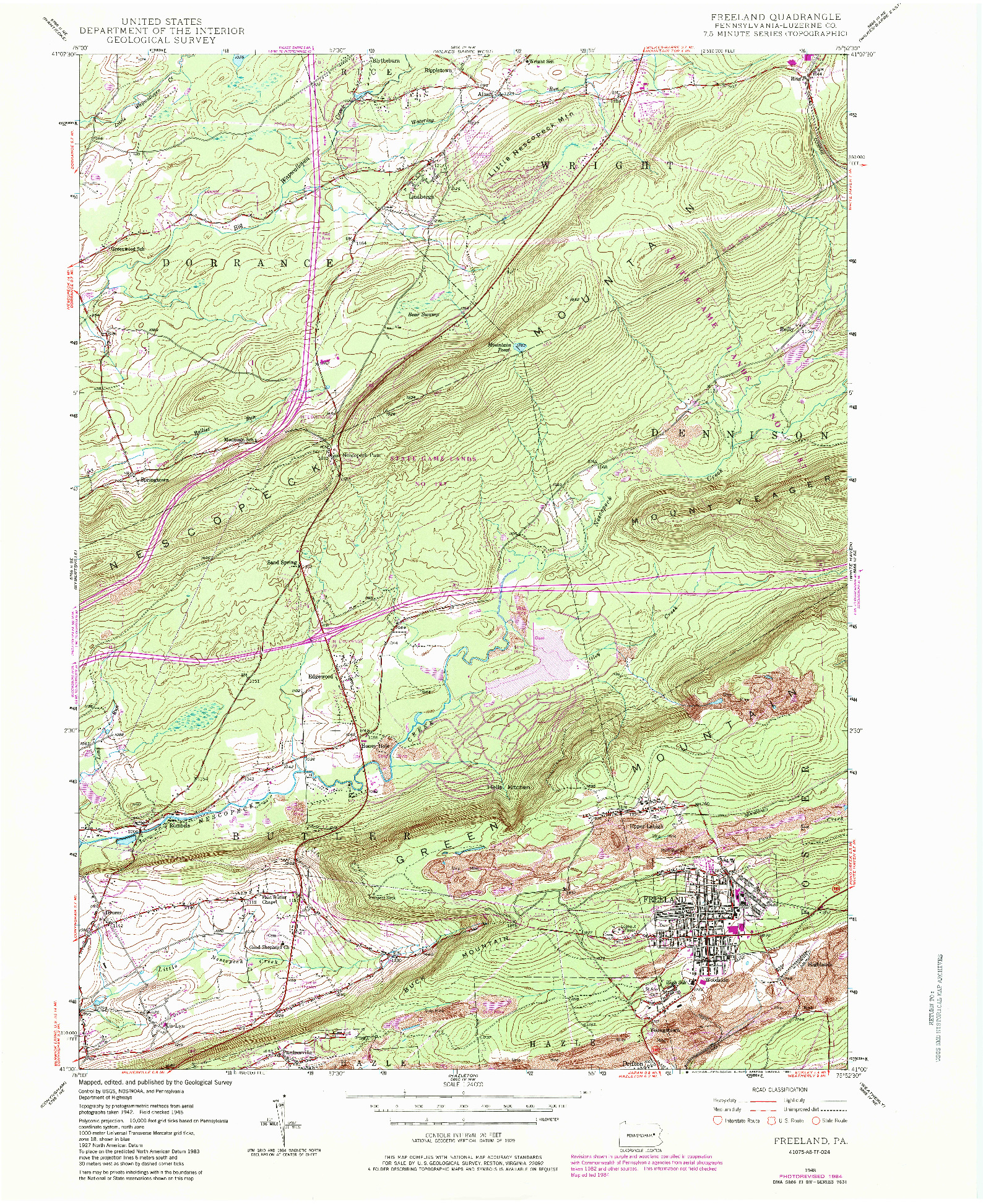 USGS 1:24000-SCALE QUADRANGLE FOR FREELAND, PA 1948