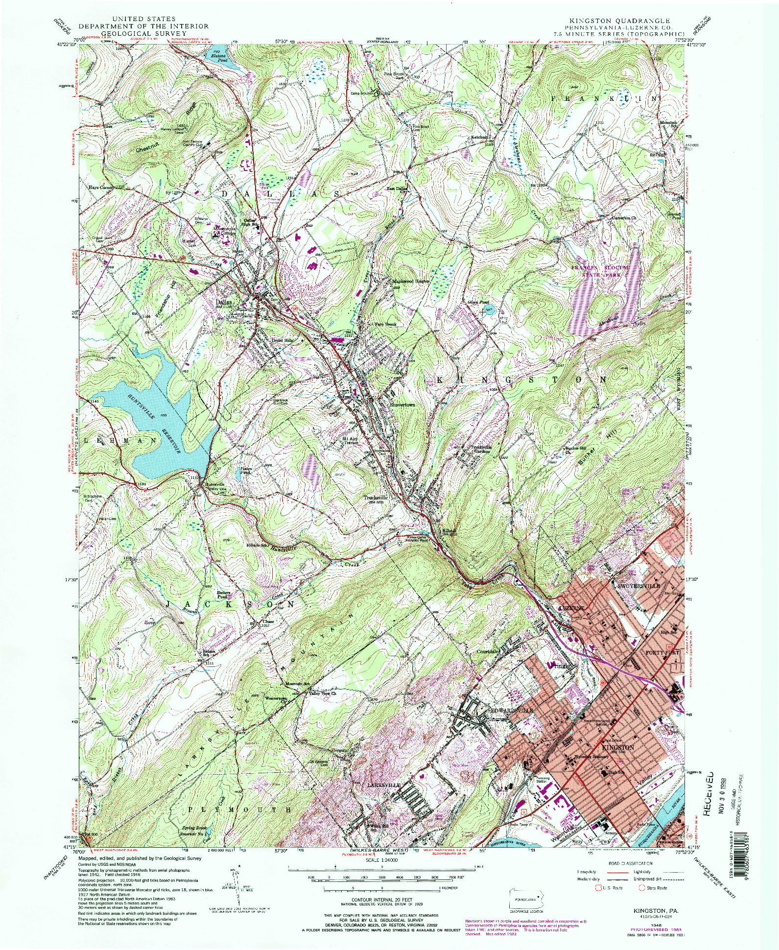 USGS 1:24000-SCALE QUADRANGLE FOR KINGSTON, PA 1946