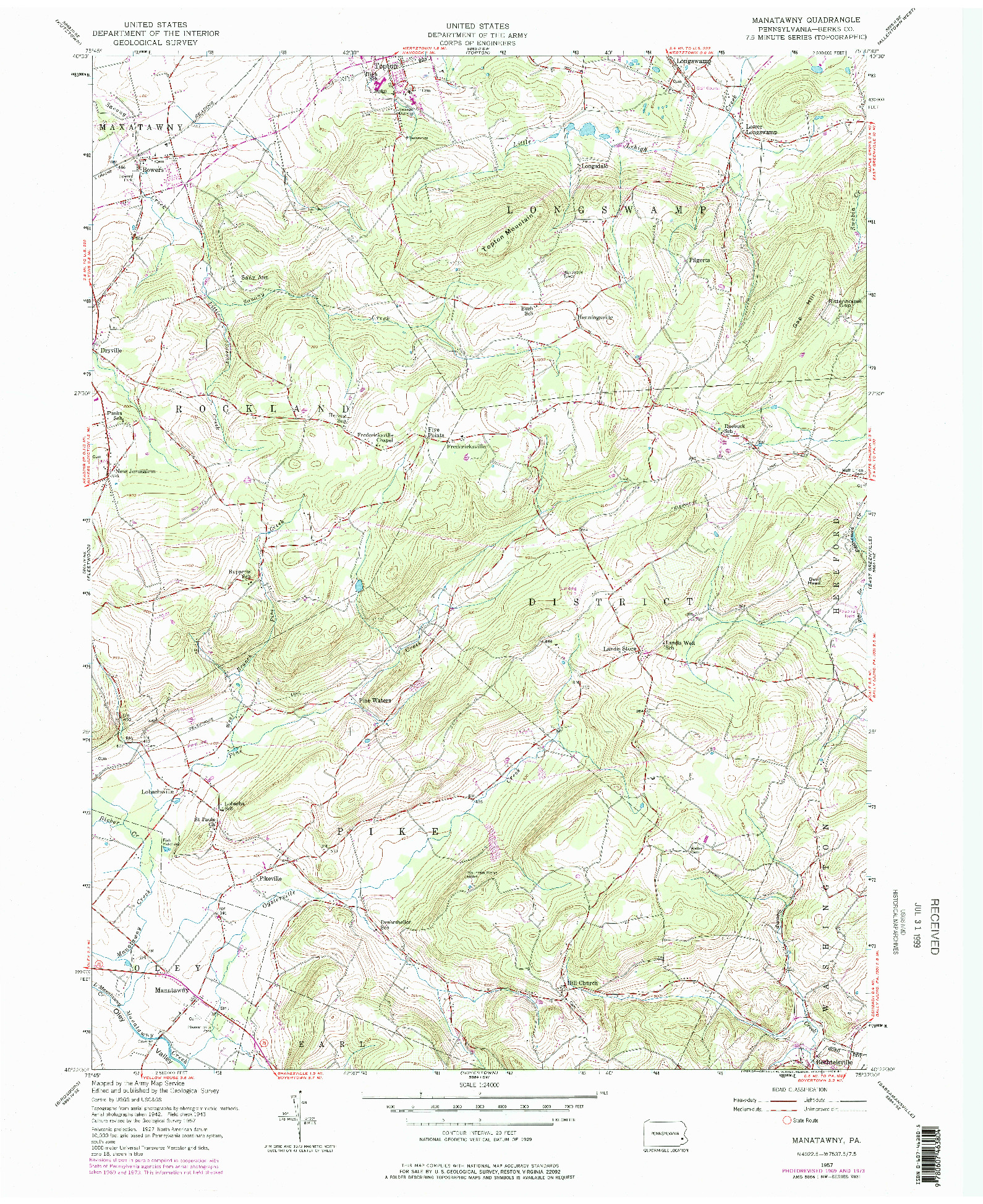 USGS 1:24000-SCALE QUADRANGLE FOR MANATAWNY, PA 1957