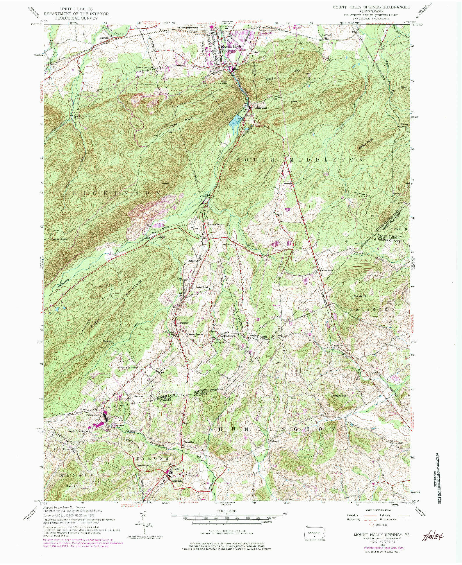 USGS 1:24000-SCALE QUADRANGLE FOR MOUNT HOLLY SPRINGS, PA 1952