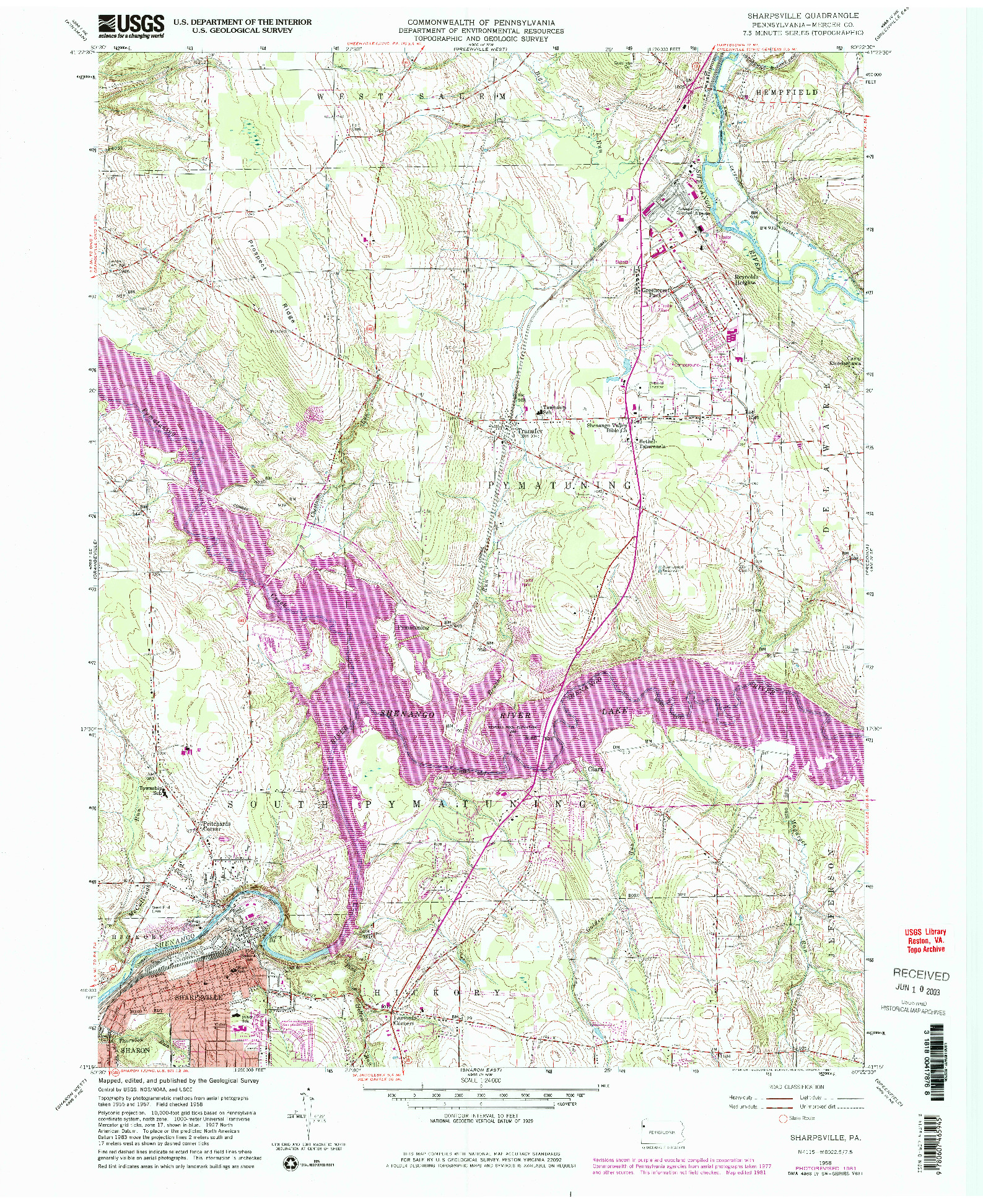 USGS 1:24000-SCALE QUADRANGLE FOR SHARPSVILLE, PA 1958