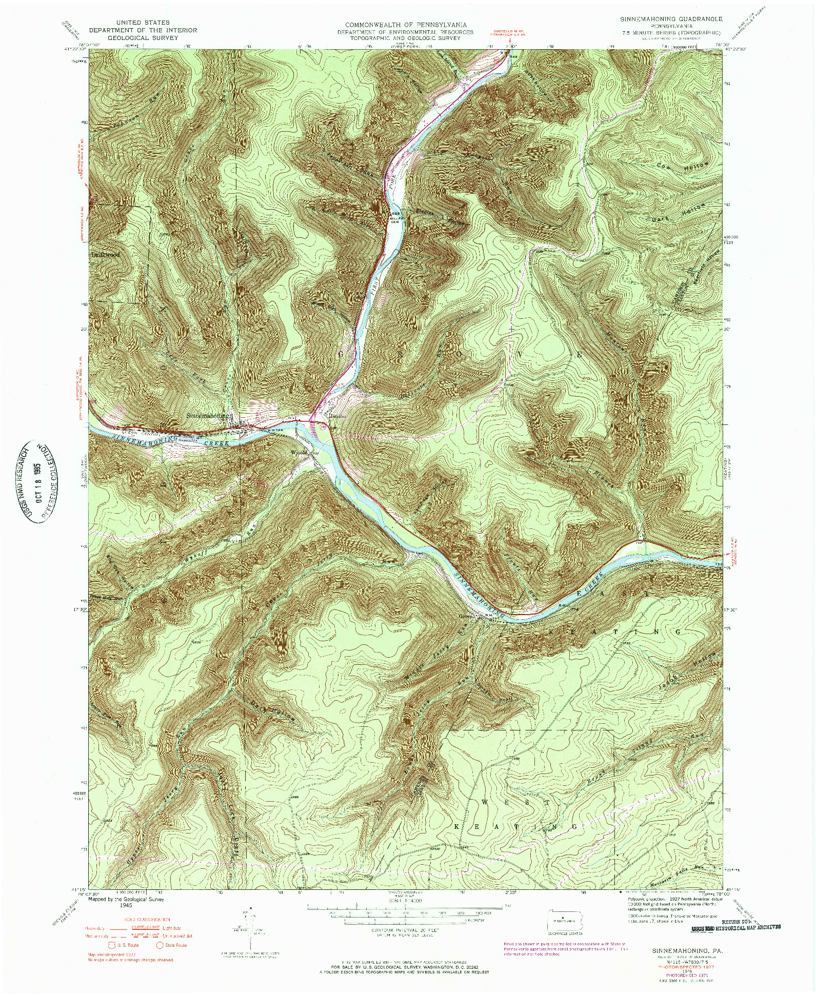 USGS 1:24000-SCALE QUADRANGLE FOR SINNEMAHONING, PA 1945