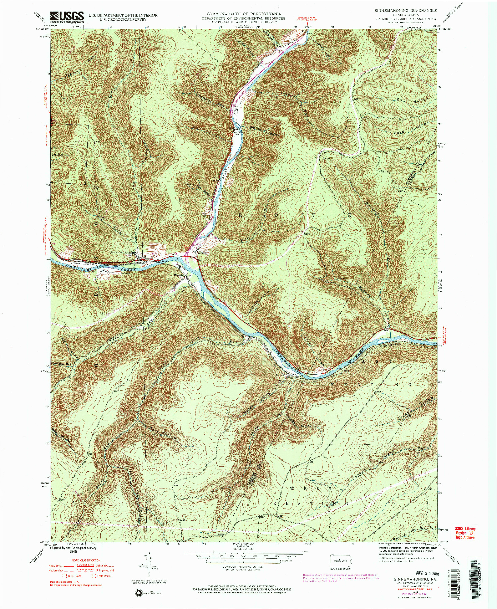 USGS 1:24000-SCALE QUADRANGLE FOR SINNEMAHONING, PA 1945