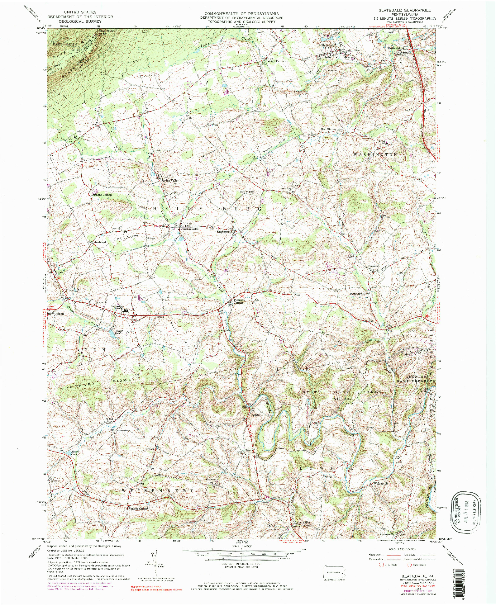 USGS 1:24000-SCALE QUADRANGLE FOR SLATEDALE, PA 1965