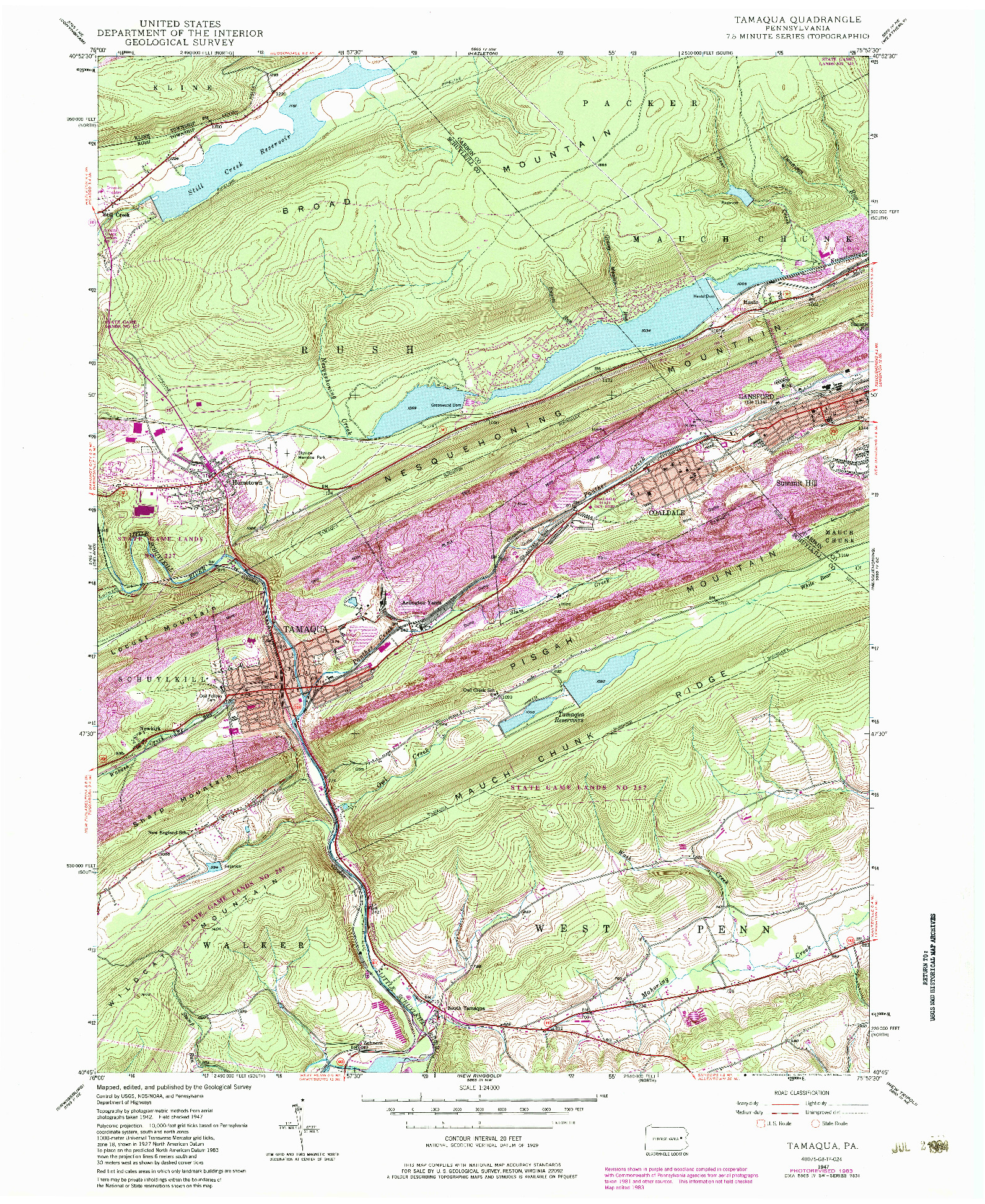 USGS 1:24000-SCALE QUADRANGLE FOR TAMAQUA, PA 1947