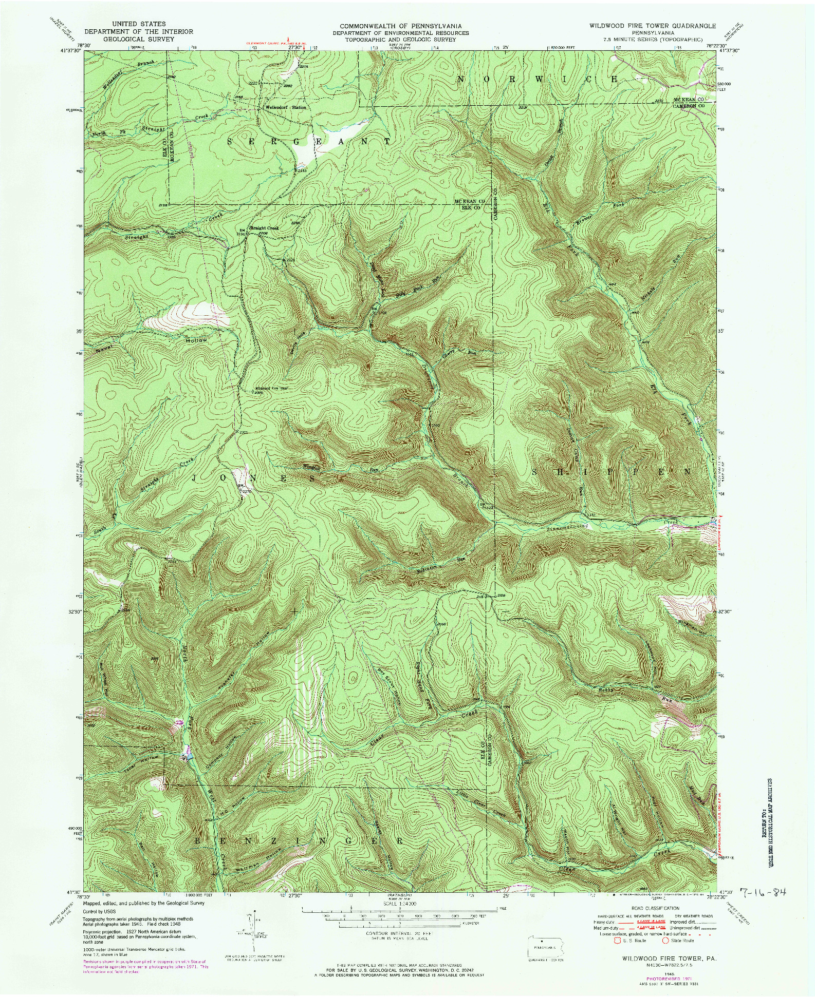 USGS 1:24000-SCALE QUADRANGLE FOR WILDWOOD FIRE TOWER, PA 1948