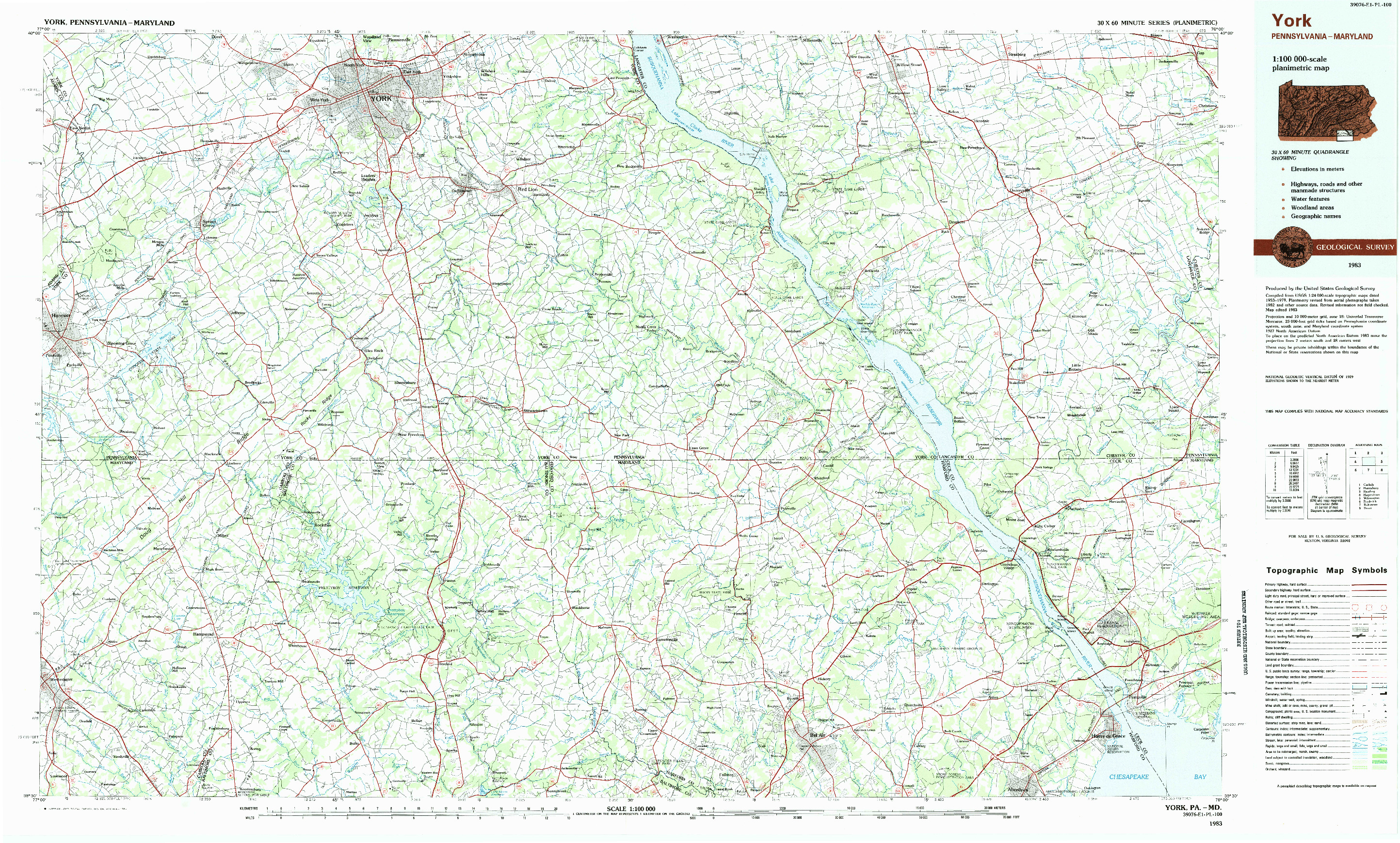 USGS 1:100000-SCALE QUADRANGLE FOR YORK, PA 1983