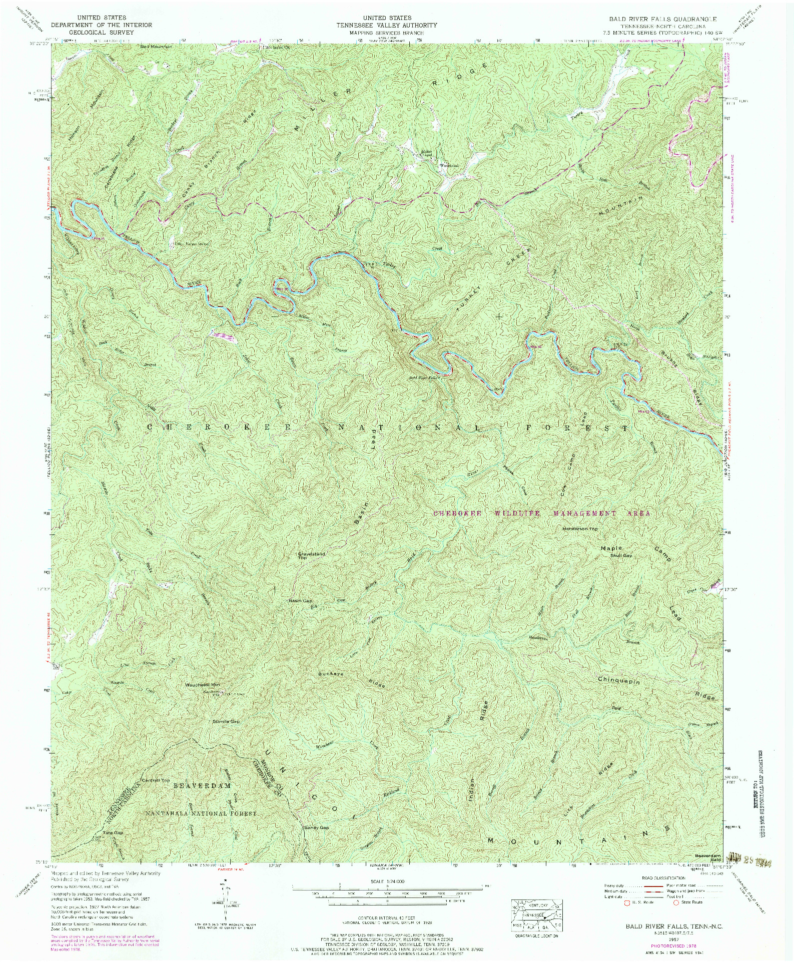 USGS 1:24000-SCALE QUADRANGLE FOR BALD RIVER FALLS, TN 1957