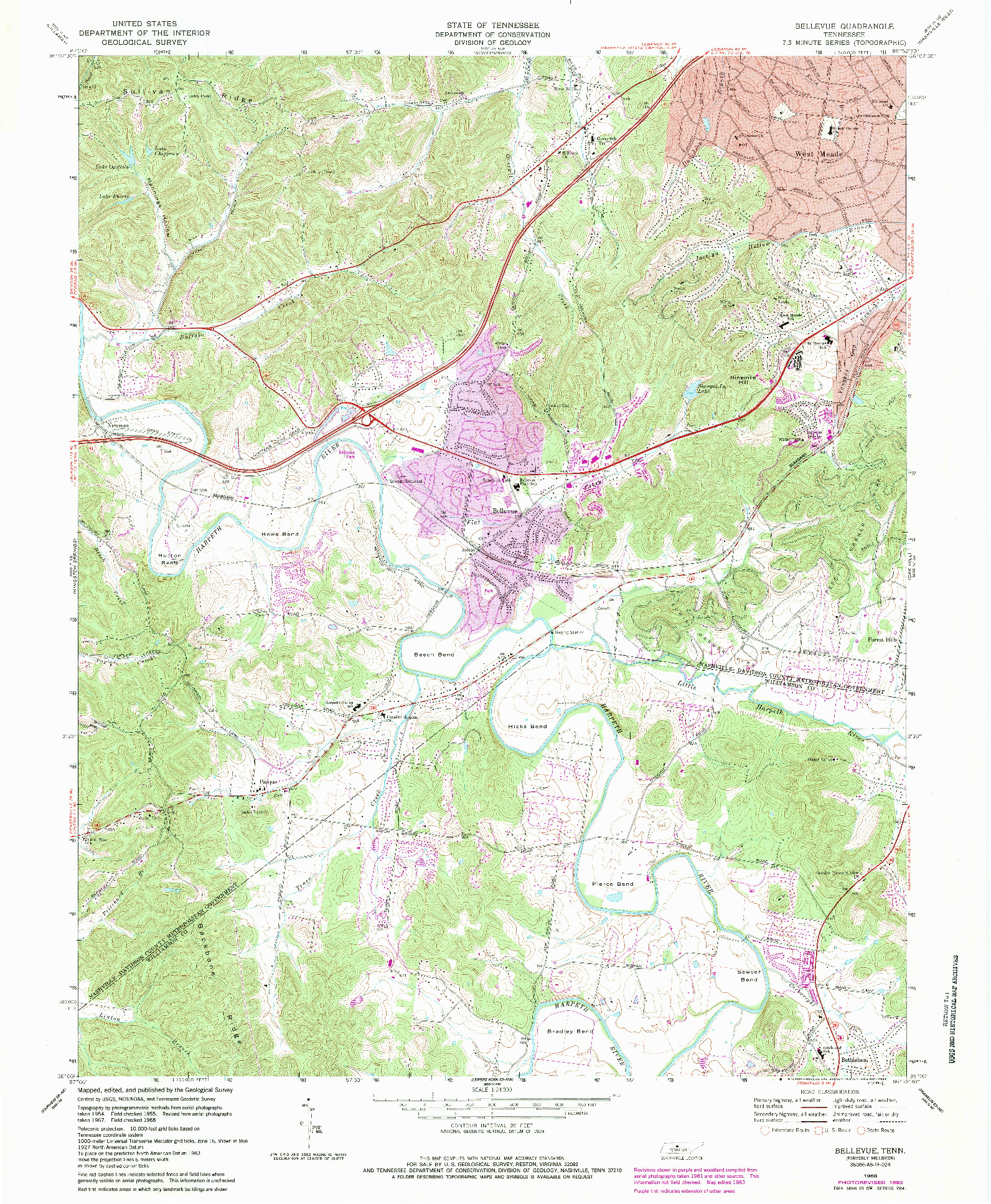 USGS 1:24000-SCALE QUADRANGLE FOR BELLEVUE, TN 1968