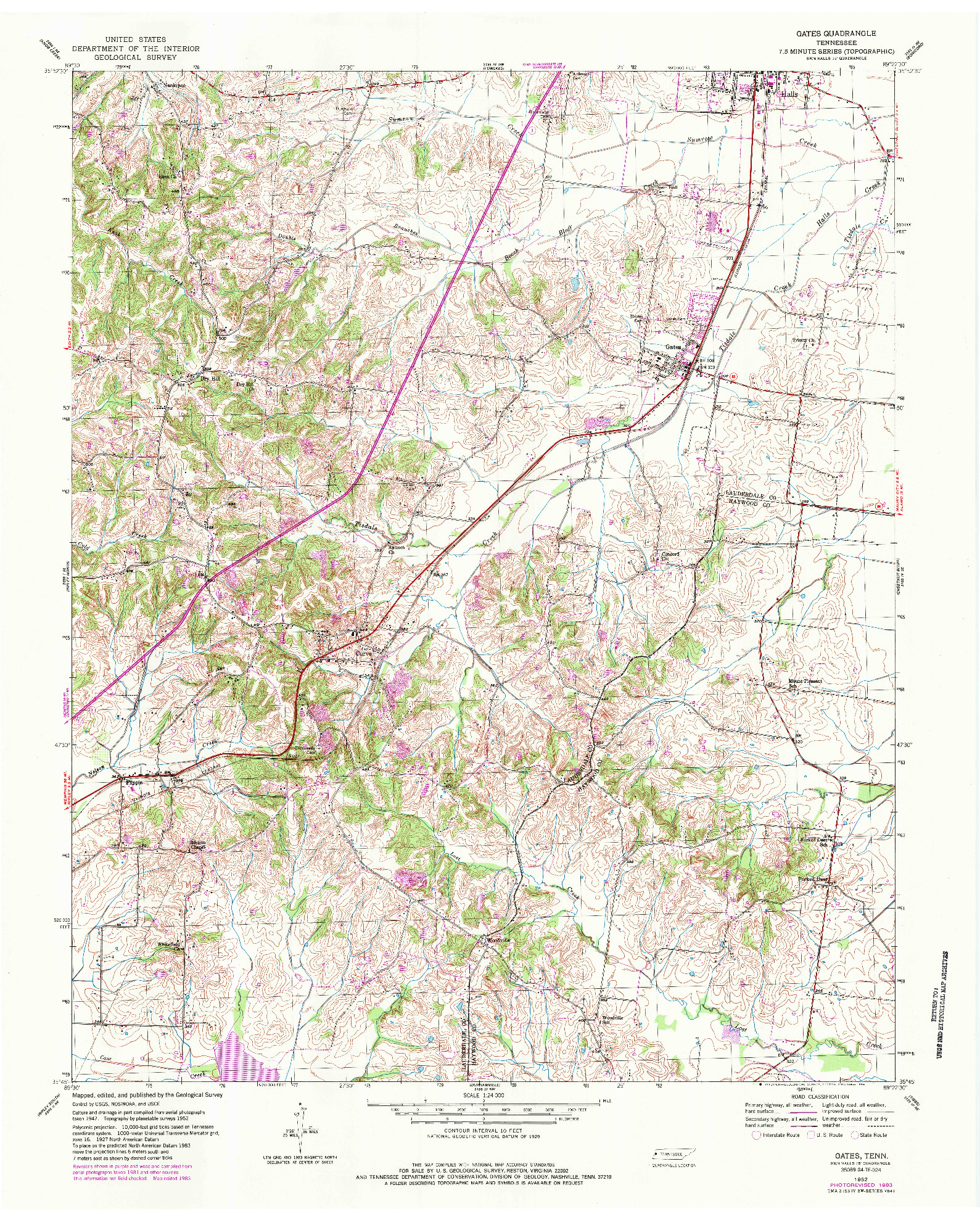 USGS 1:24000-SCALE QUADRANGLE FOR GATES, TN 1952