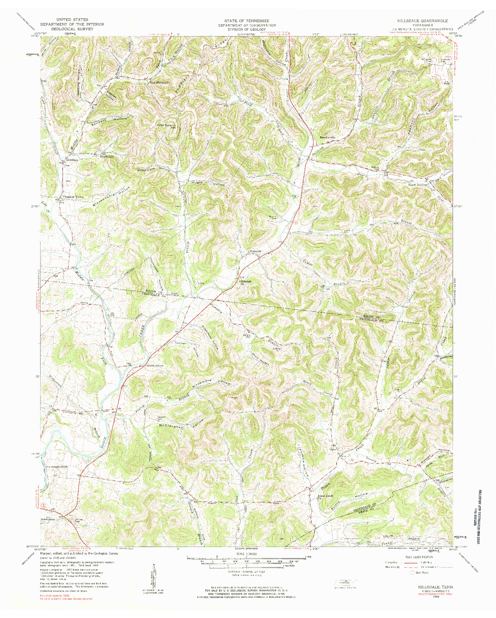 USGS 1:24000-SCALE QUADRANGLE FOR HILLSDALE, TN 1959