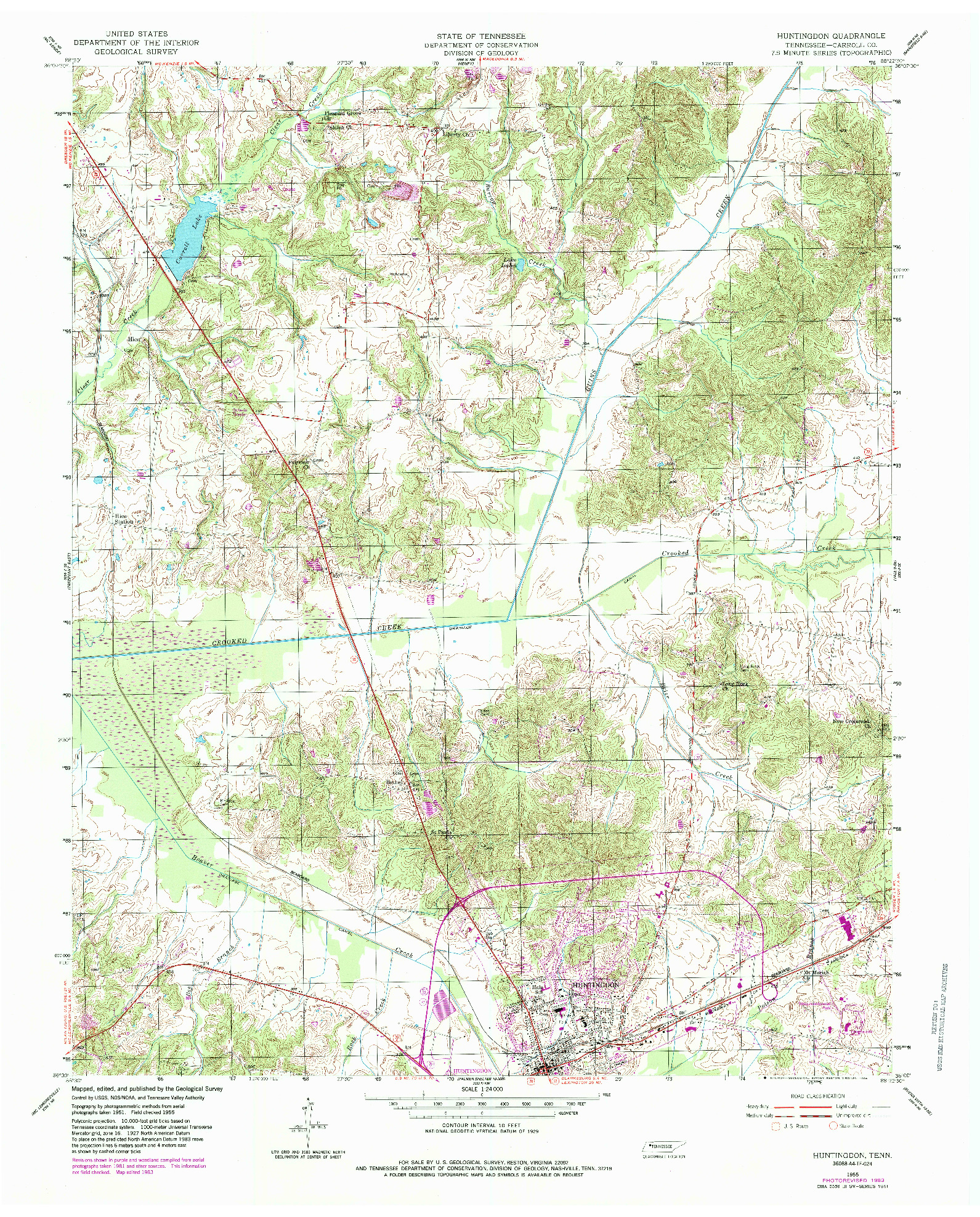 USGS 1:24000-SCALE QUADRANGLE FOR HUNTINGDON, TN 1955