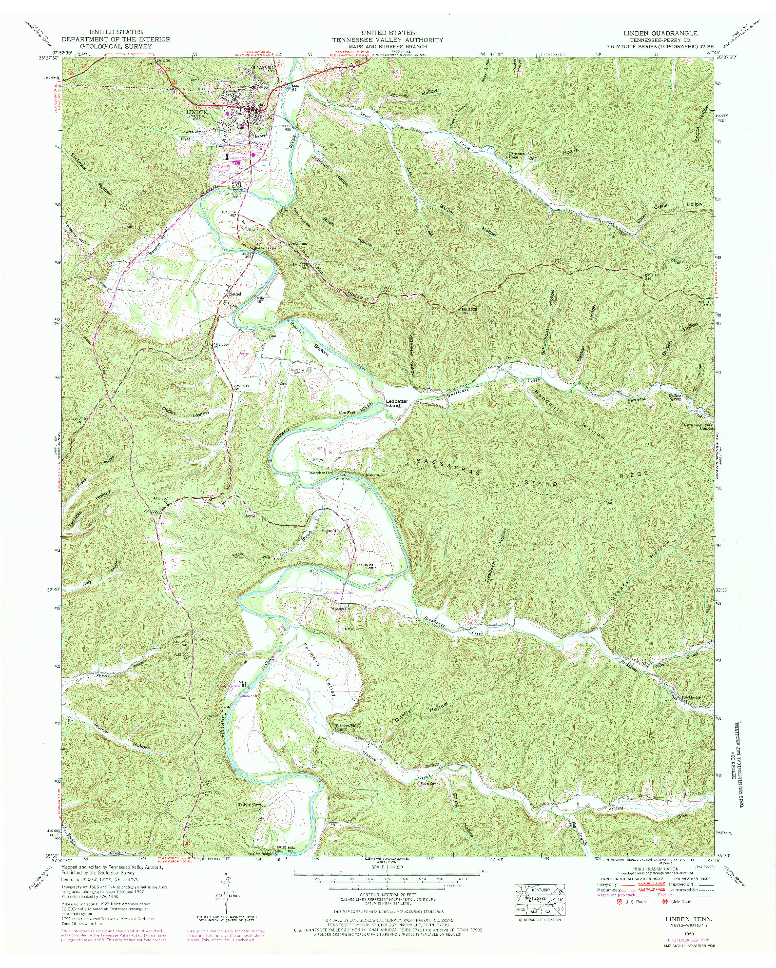 USGS 1:24000-SCALE QUADRANGLE FOR LINDEN, TN 1950