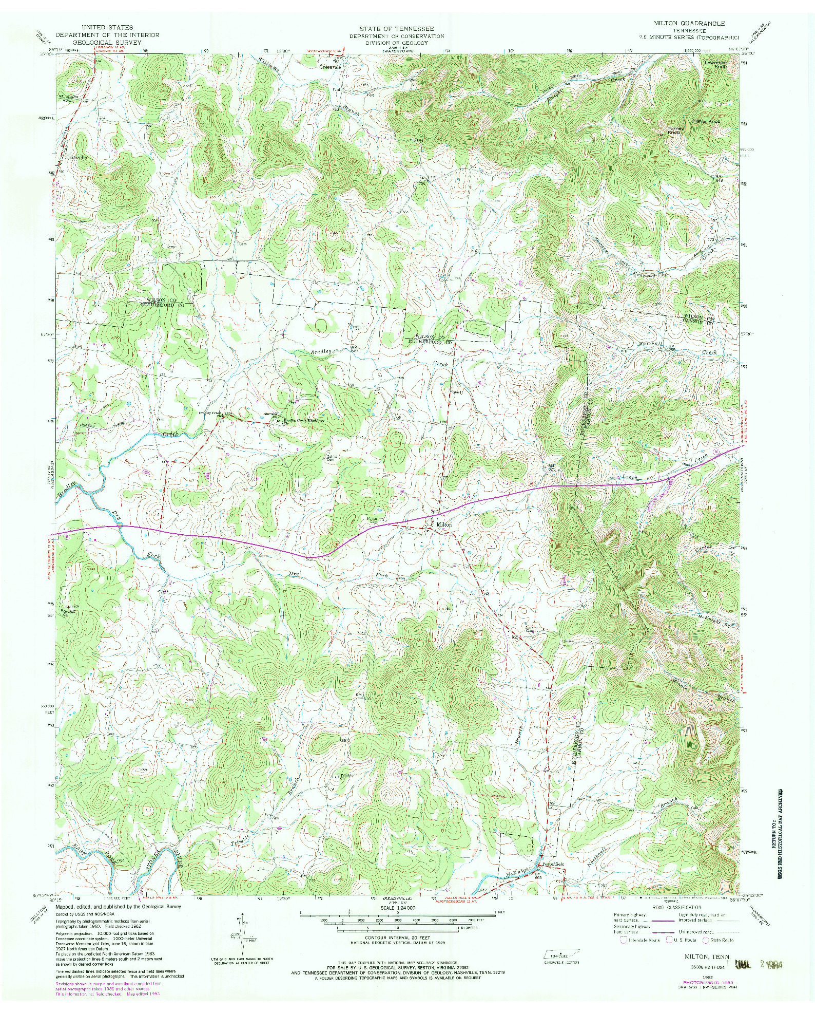 USGS 1:24000-SCALE QUADRANGLE FOR MILTON, TN 1962