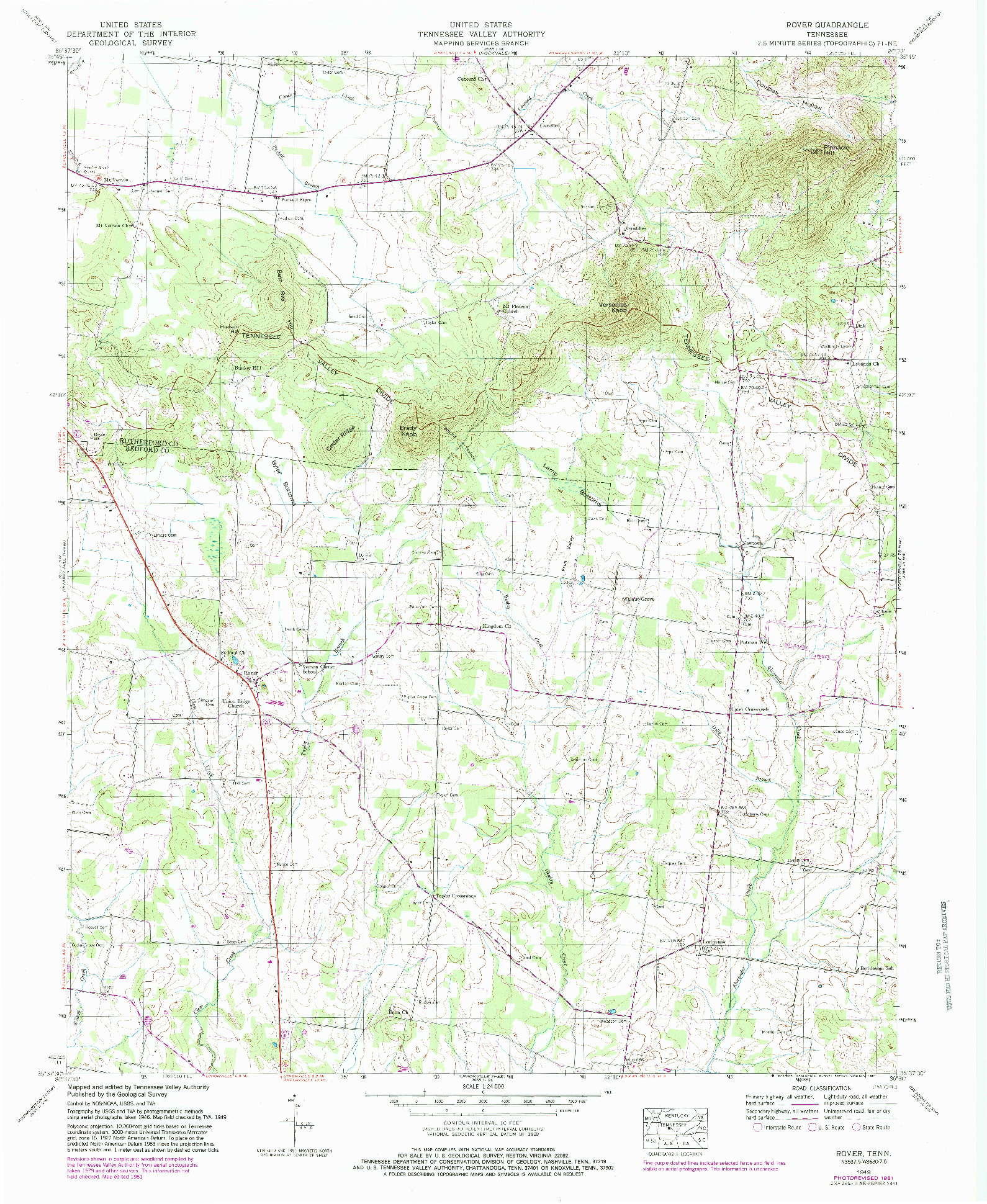 USGS 1:24000-SCALE QUADRANGLE FOR ROVER, TN 1949