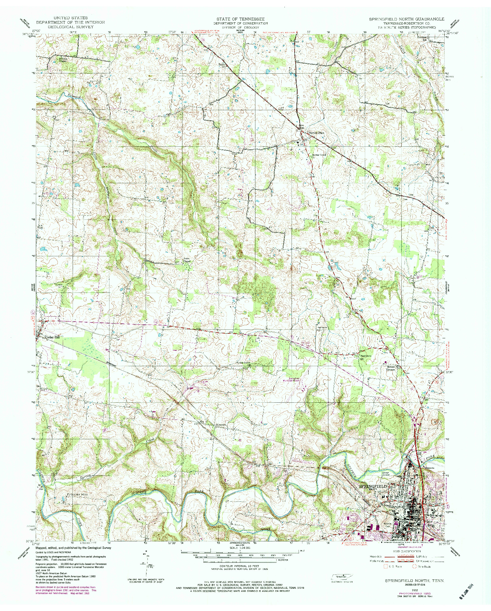 USGS 1:24000-SCALE QUADRANGLE FOR SPRINGFIELD NORTH, TN 1952