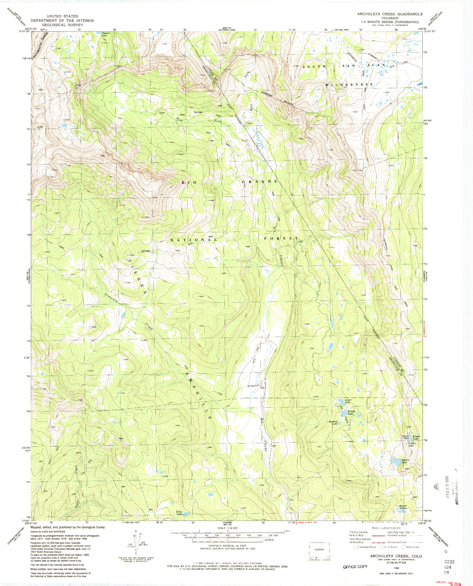 USGS 1:24000-SCALE QUADRANGLE FOR ARCHULETA CREEK, CO 1984
