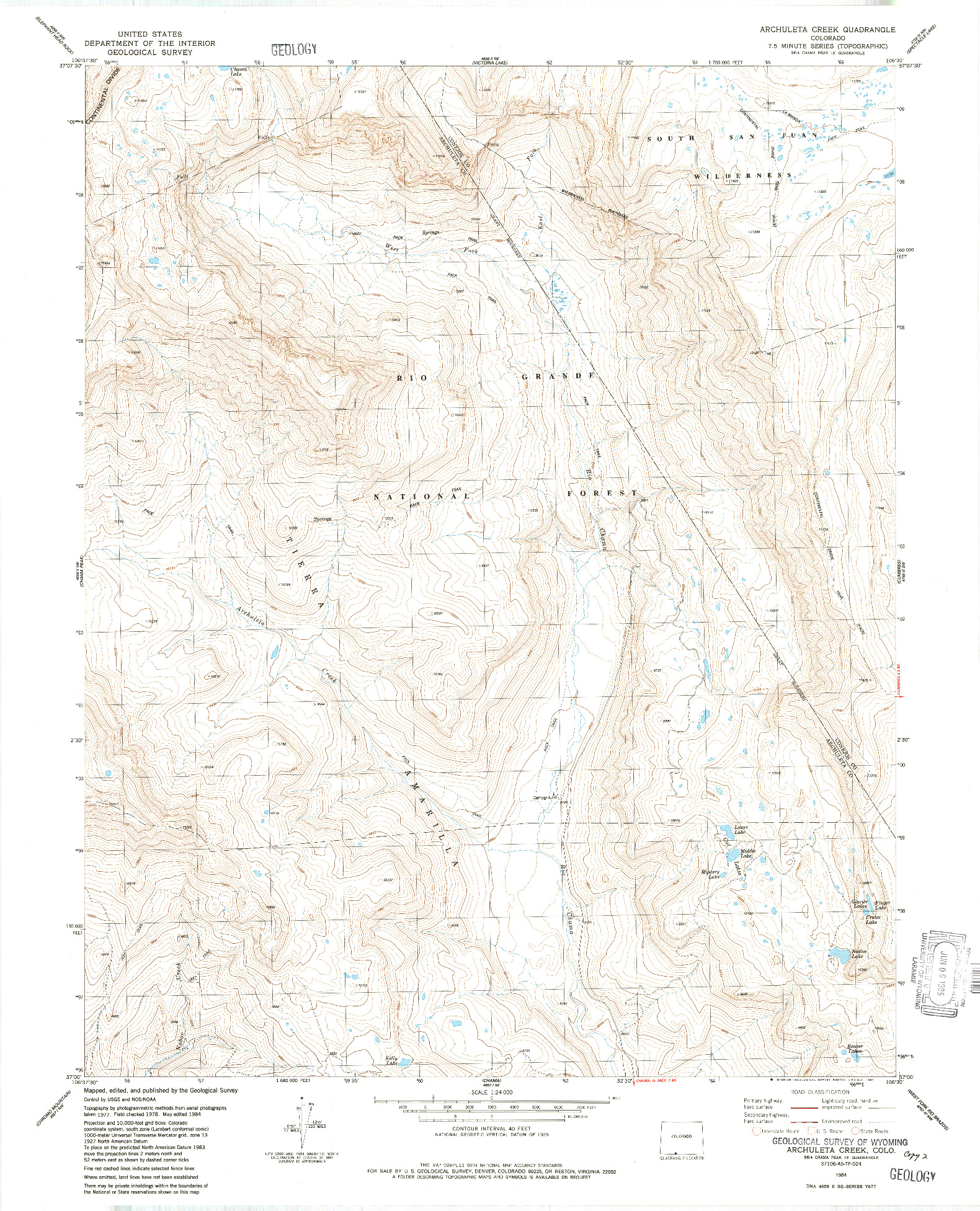 USGS 1:24000-SCALE QUADRANGLE FOR ARCHULETA CREEK, CO 1984